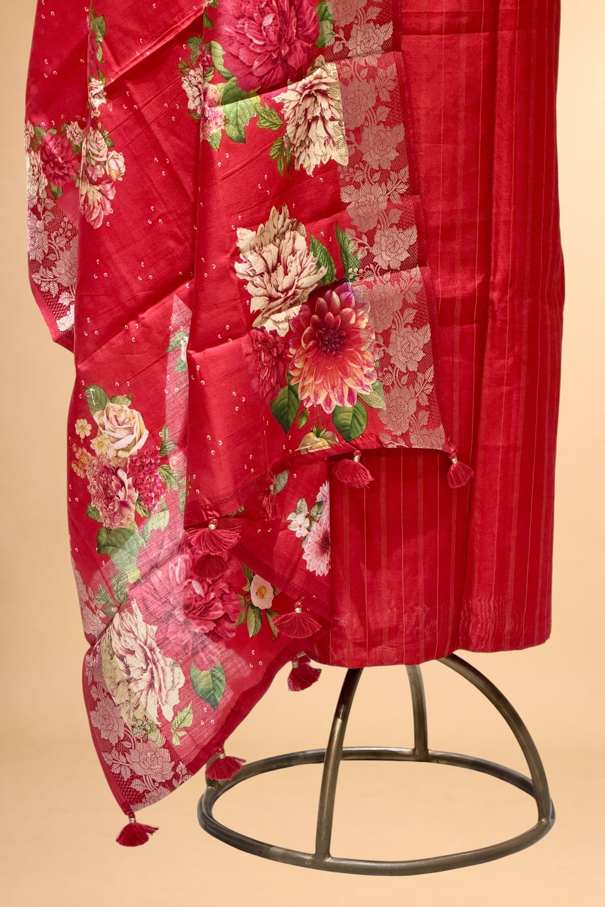 Red Chiniya Silk Suit Set With Printed Chiniya Silk Dupatta
