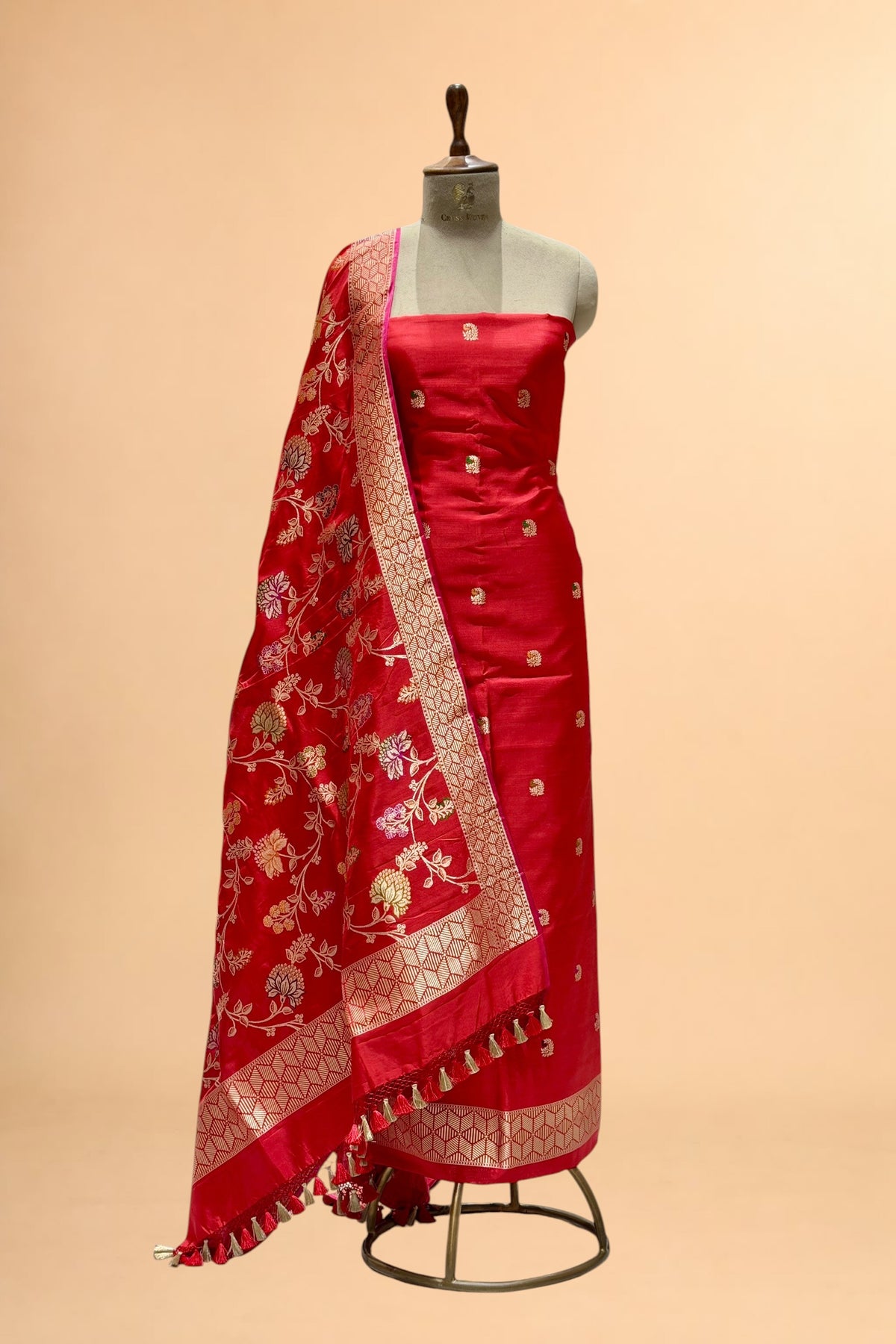 Red Katan Silk Iktara Suit with Meena Kadhwa Floral Jaal Dupatta