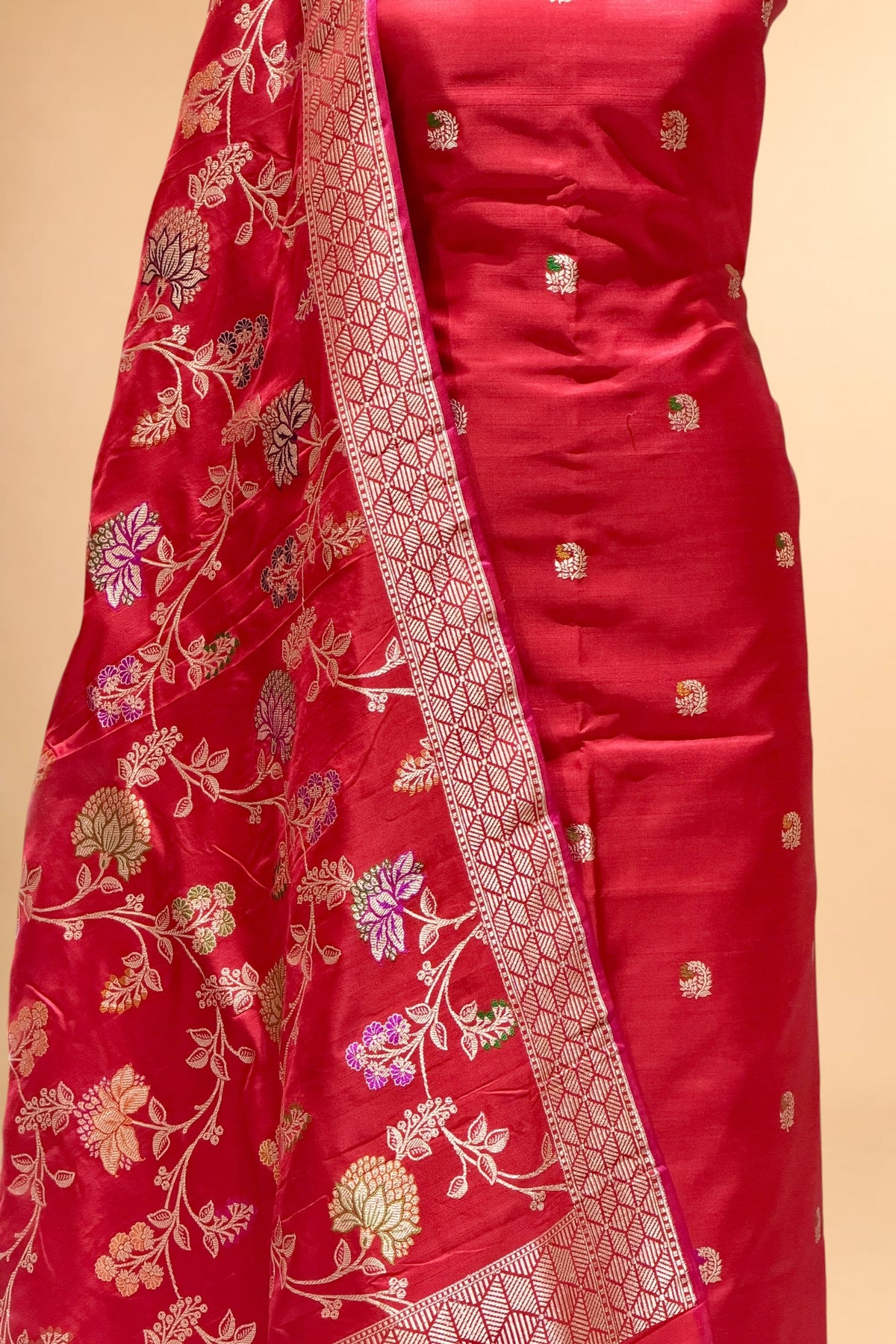 Red Katan Silk Iktara Suit with Meena Kadhwa Floral Jaal Dupatta