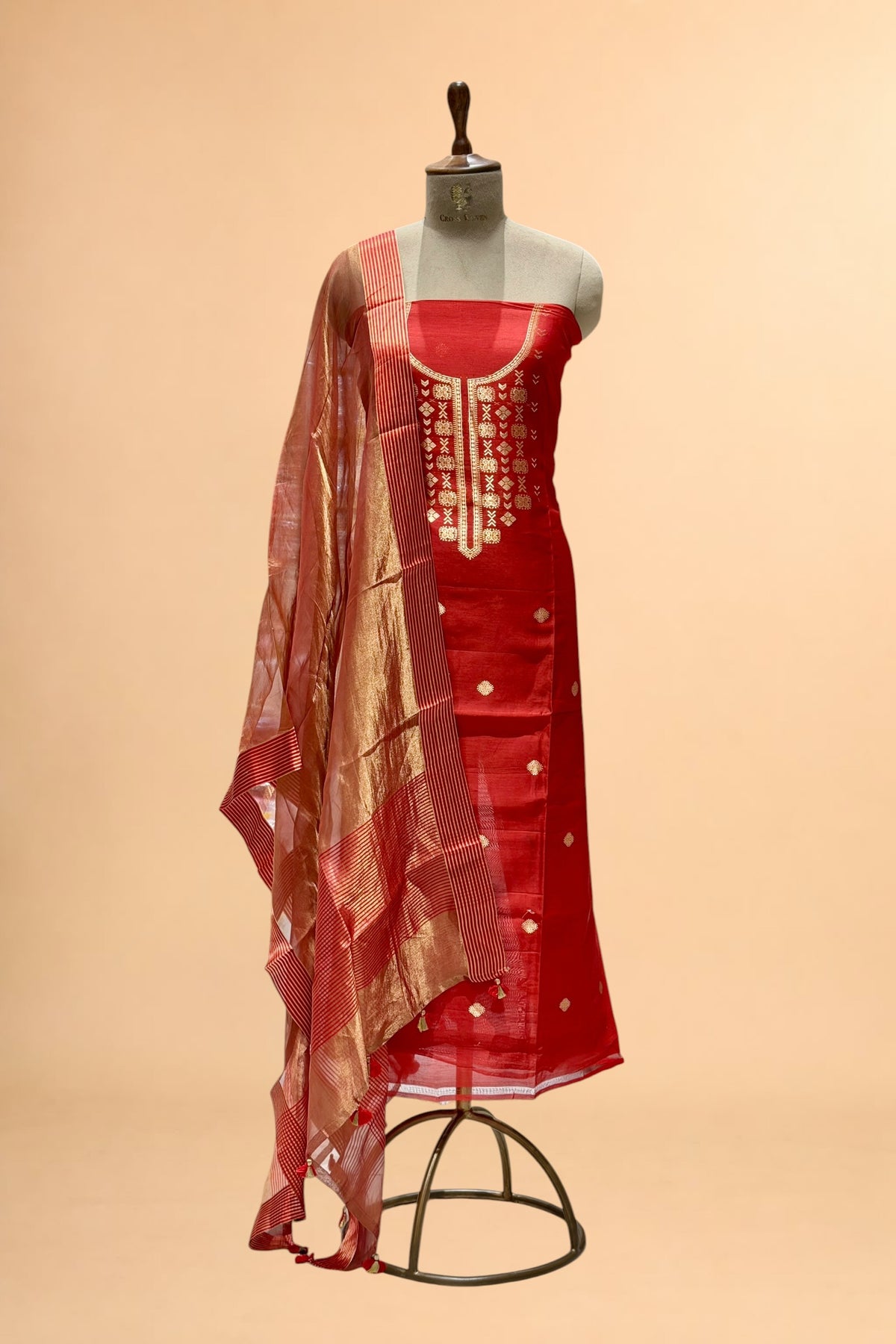 Red Pure Chanderi Silk Suit Set With Tissue Stripe Dupatta