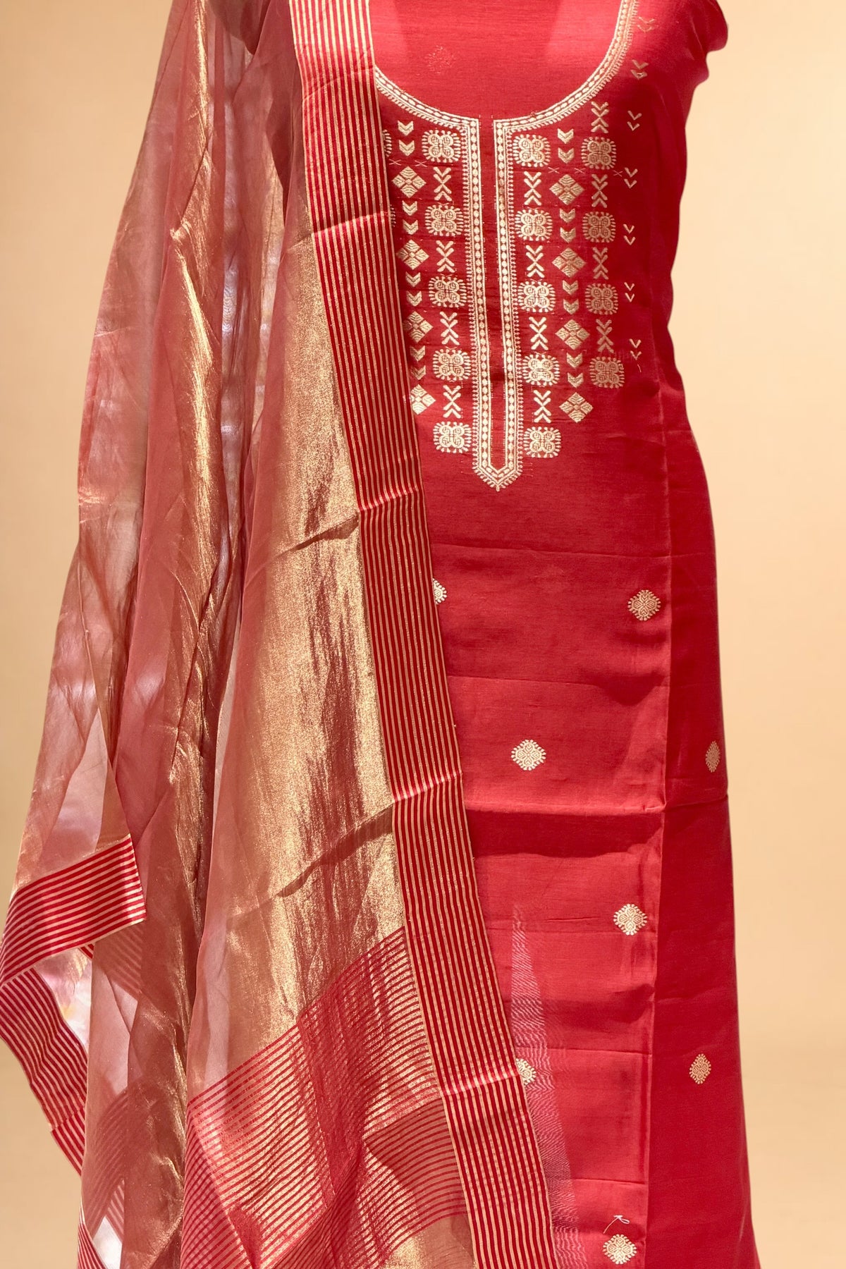 Red Pure Chanderi Silk Suit Set With Tissue Stripe Dupatta