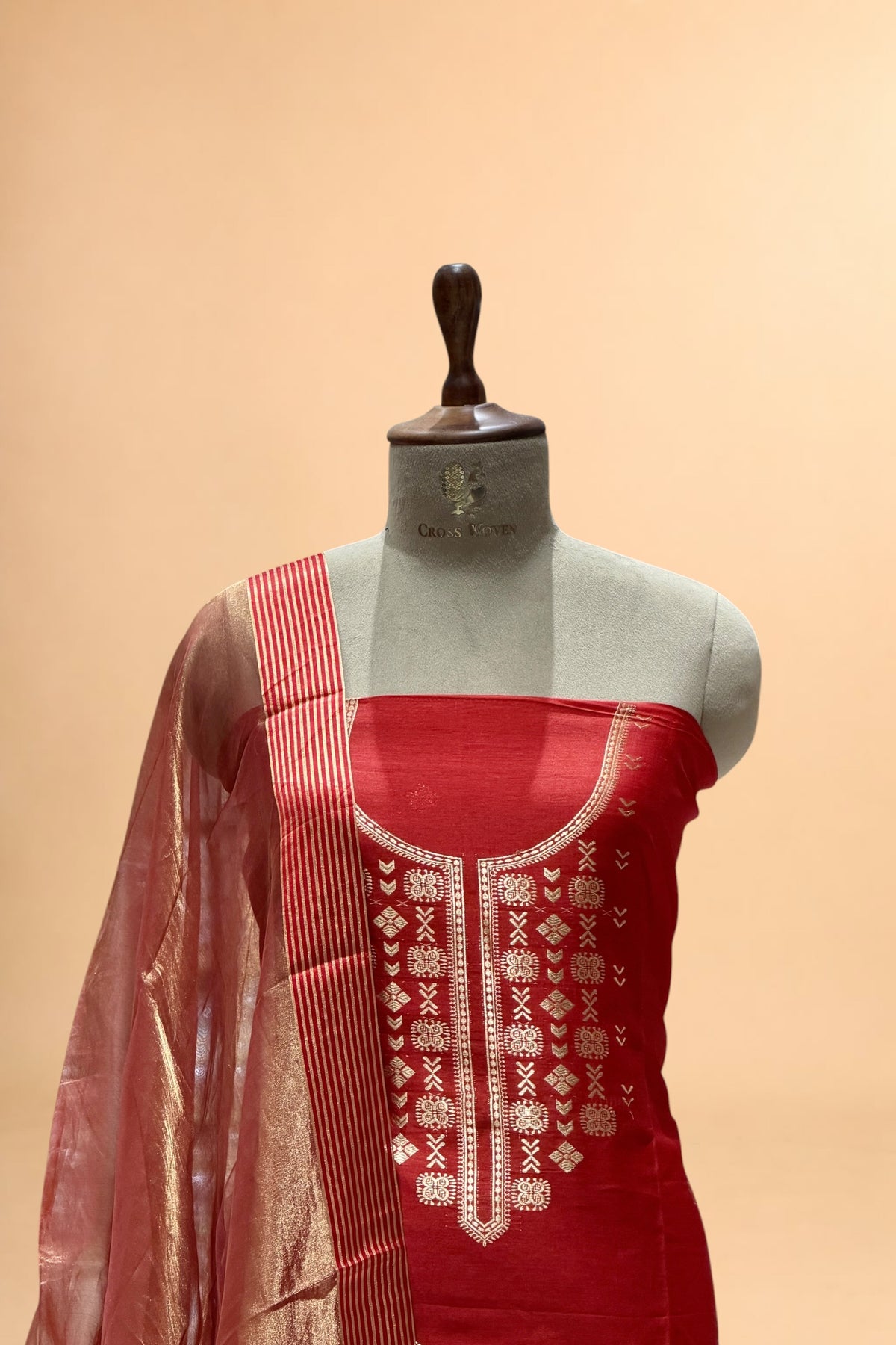 Red Pure Chanderi Silk Suit Set With Tissue Stripe Dupatta