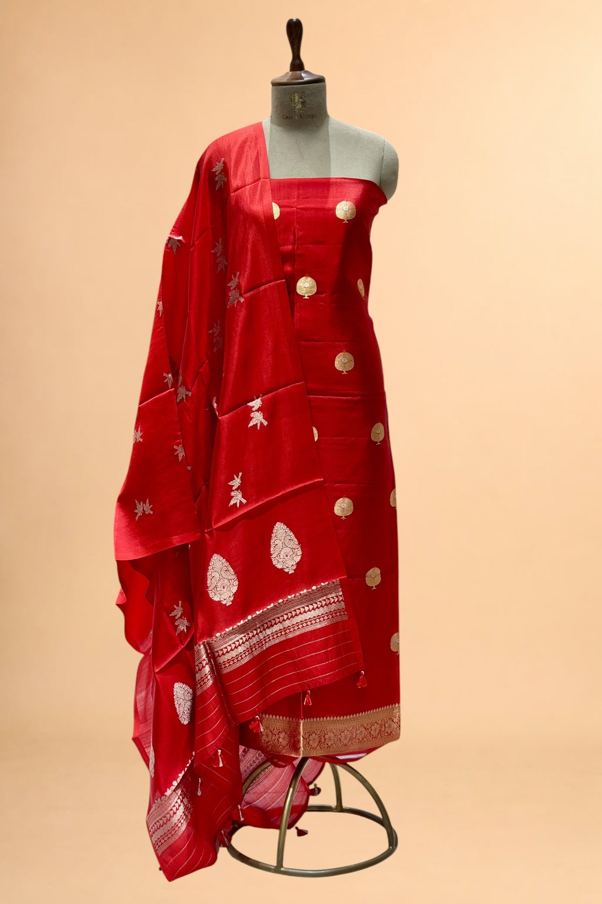 Red Pure Soft Silk Suit Set with Bird Motif Dupatta