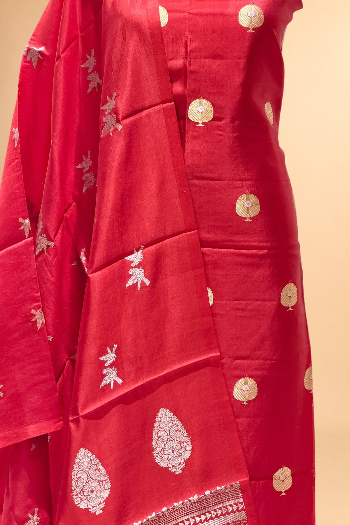 Red Pure Soft Silk Suit Set with Bird Motif Dupatta