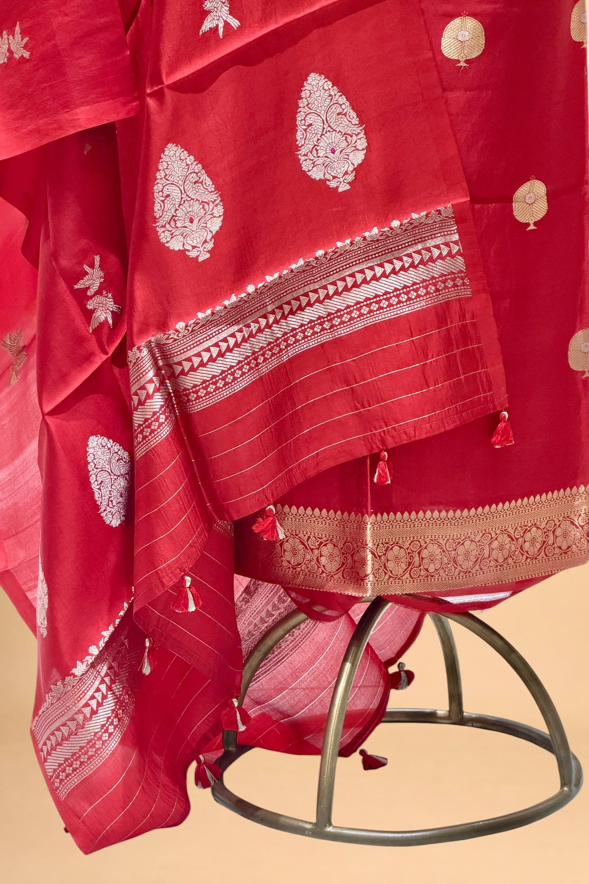 Red Pure Soft Silk Suit Set with Bird Motif Dupatta