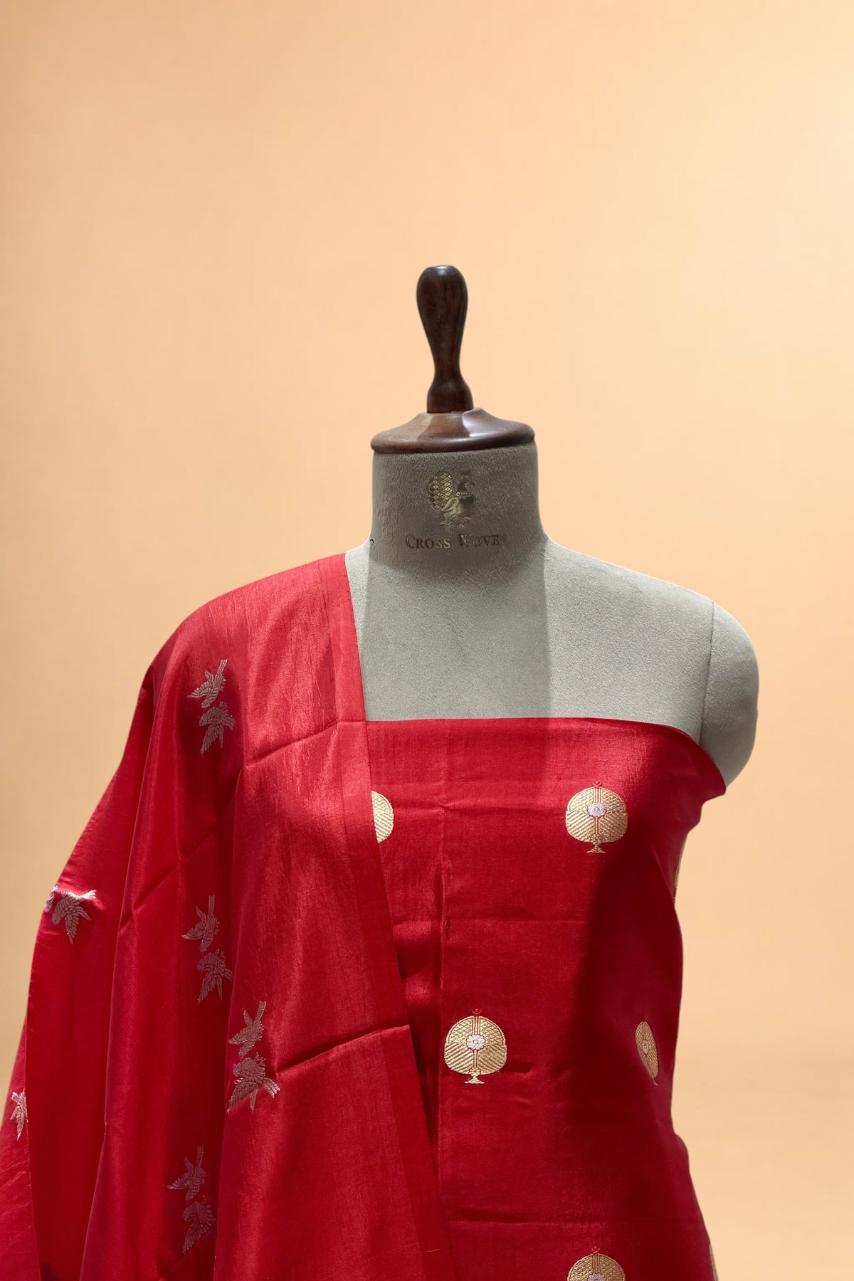 Red Pure Soft Silk Suit Set with Bird Motif Dupatta
