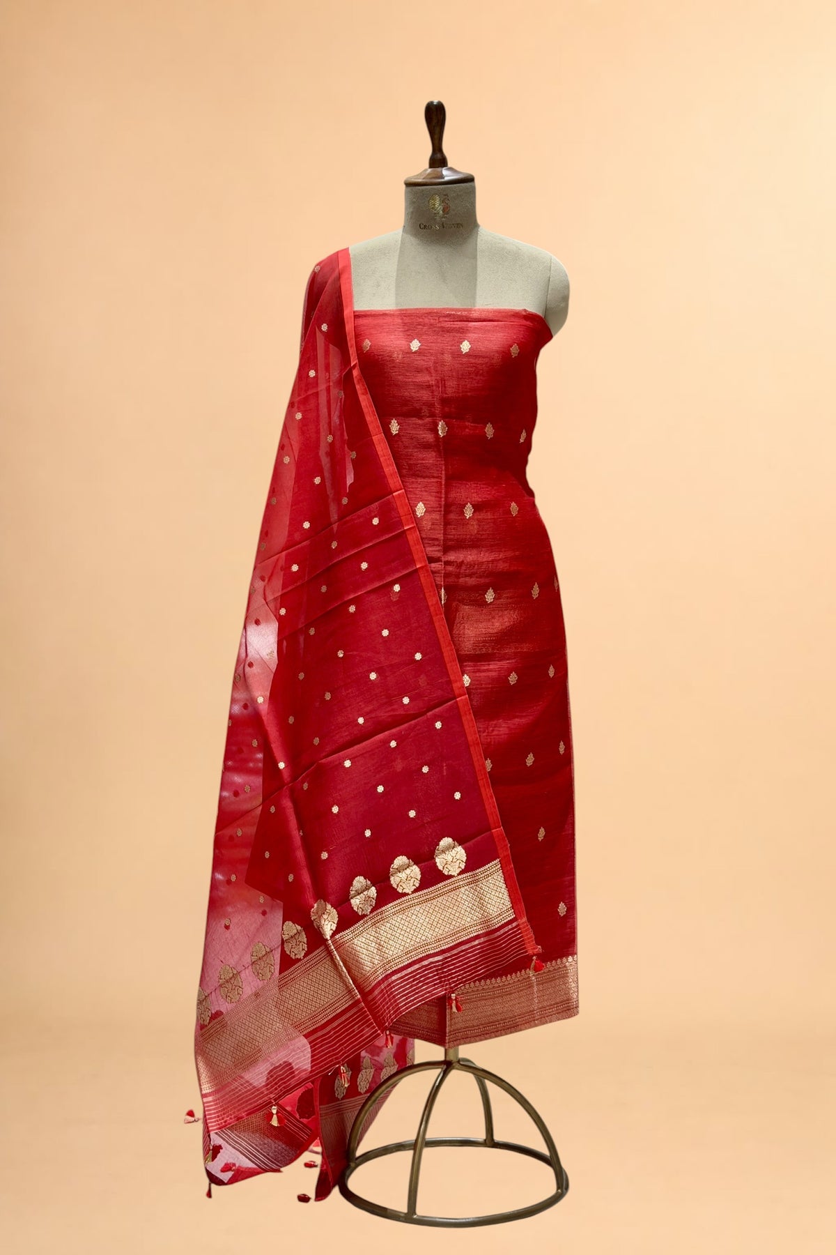 Red Silk Linen Floral Suit Set with Organza Dupatta
