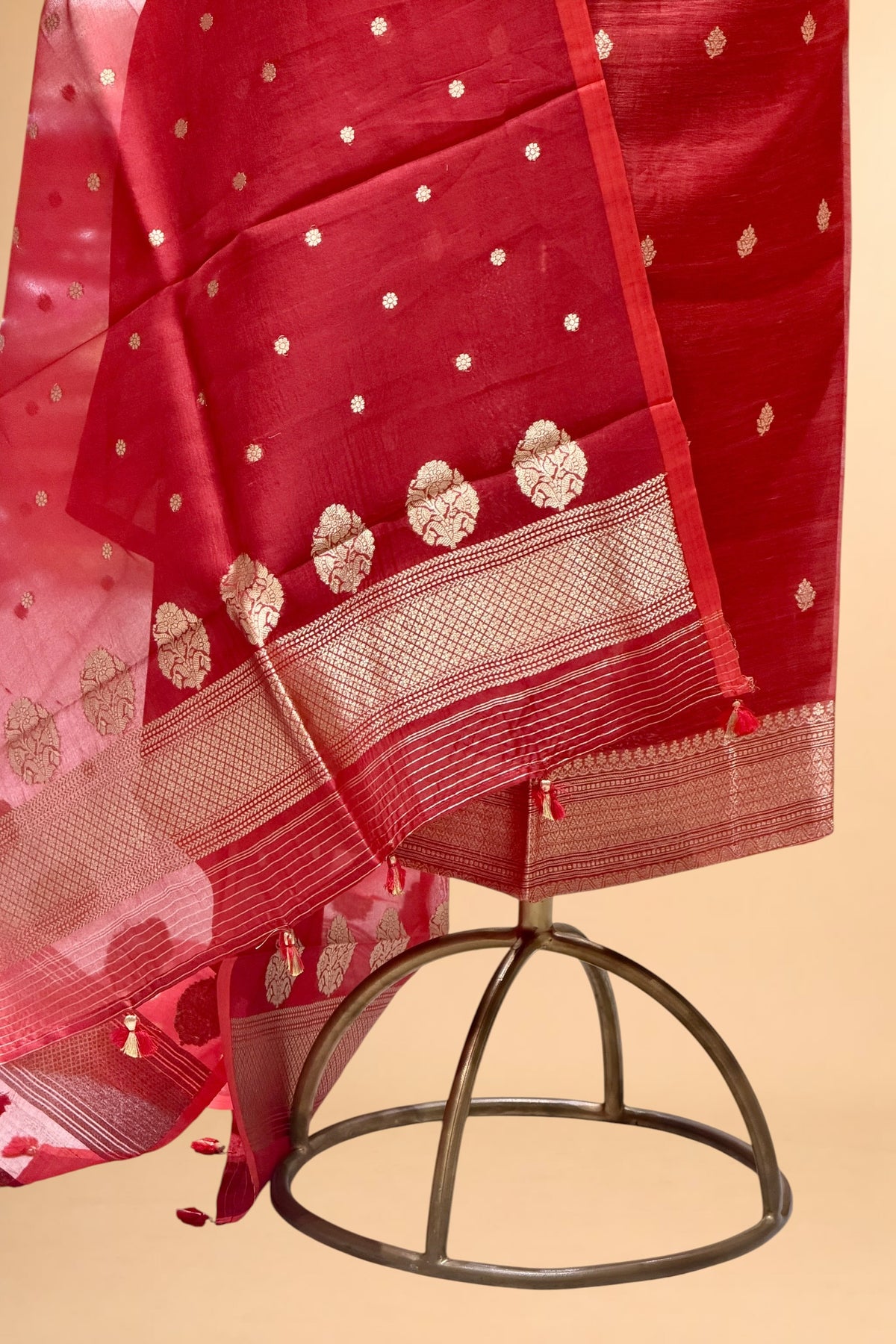 Red Silk Linen Floral Suit Set with Organza Dupatta