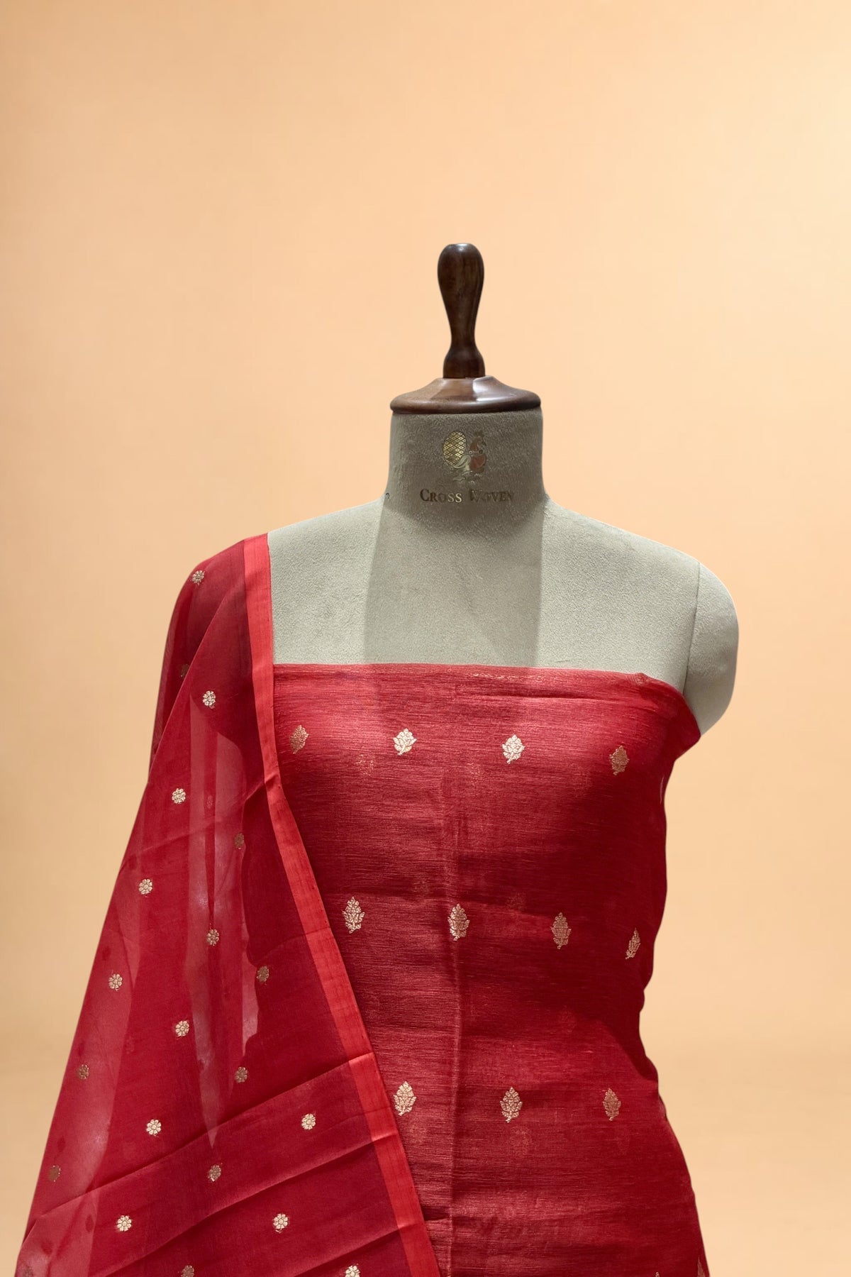 Red Silk Linen Floral Suit Set with Organza Dupatta