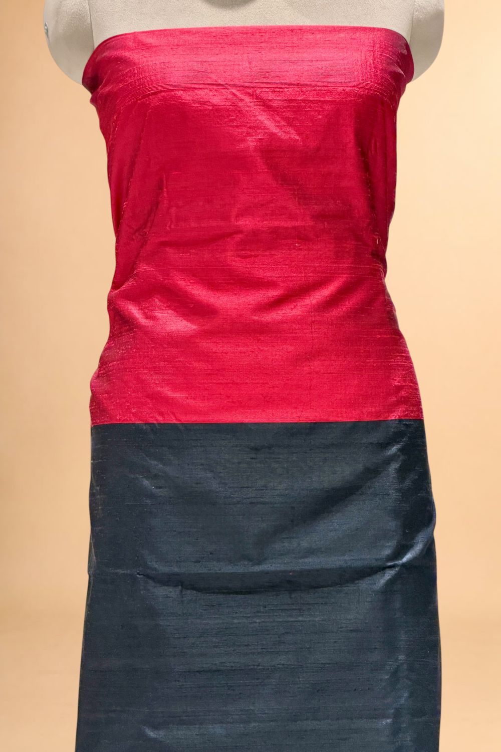 Ruby Red Black & Silver Grey Colour-Blocked Raw Silk Co-Ord Set