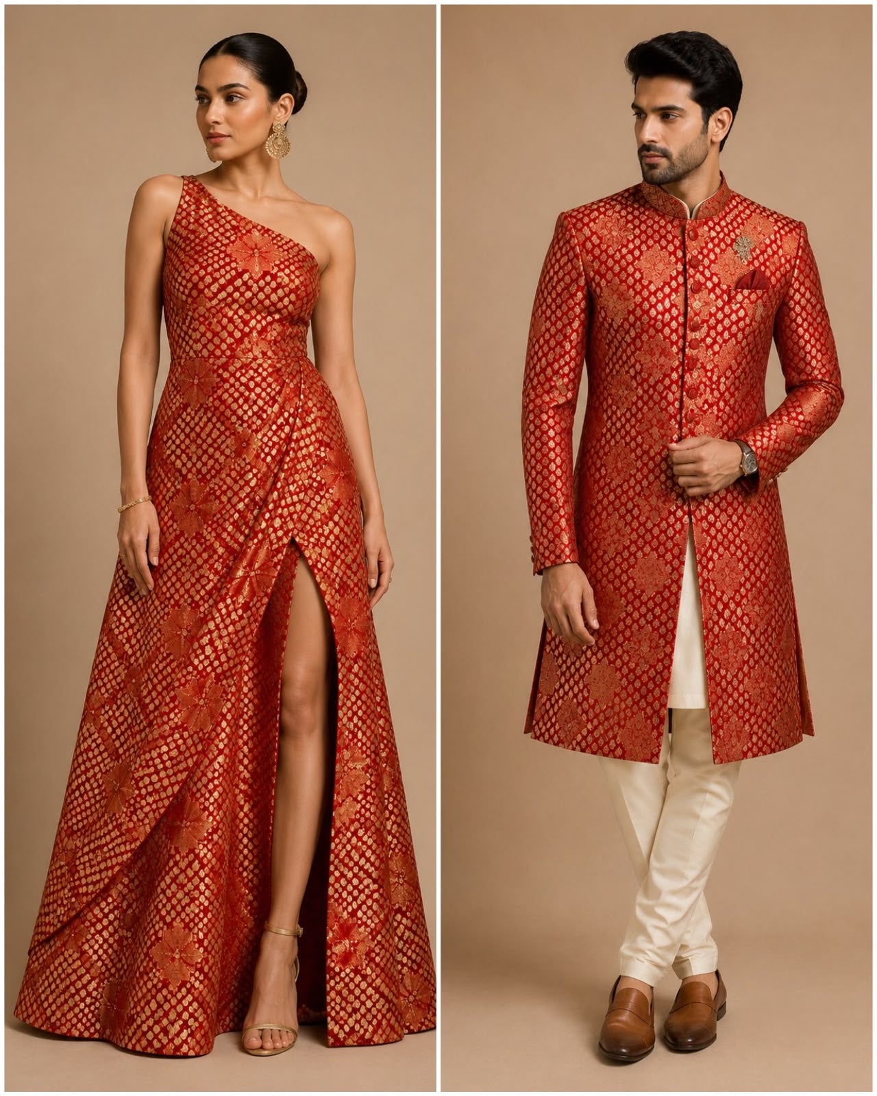 Vermilion Red Soft Silk Fabric with Geometric Bootis