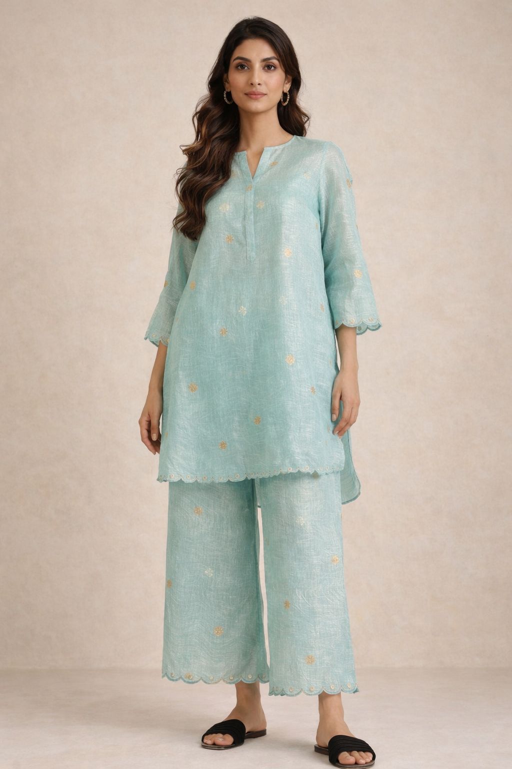 Ice Blue Crushed Tissue Fabric with Gold Zari Polka Motifs