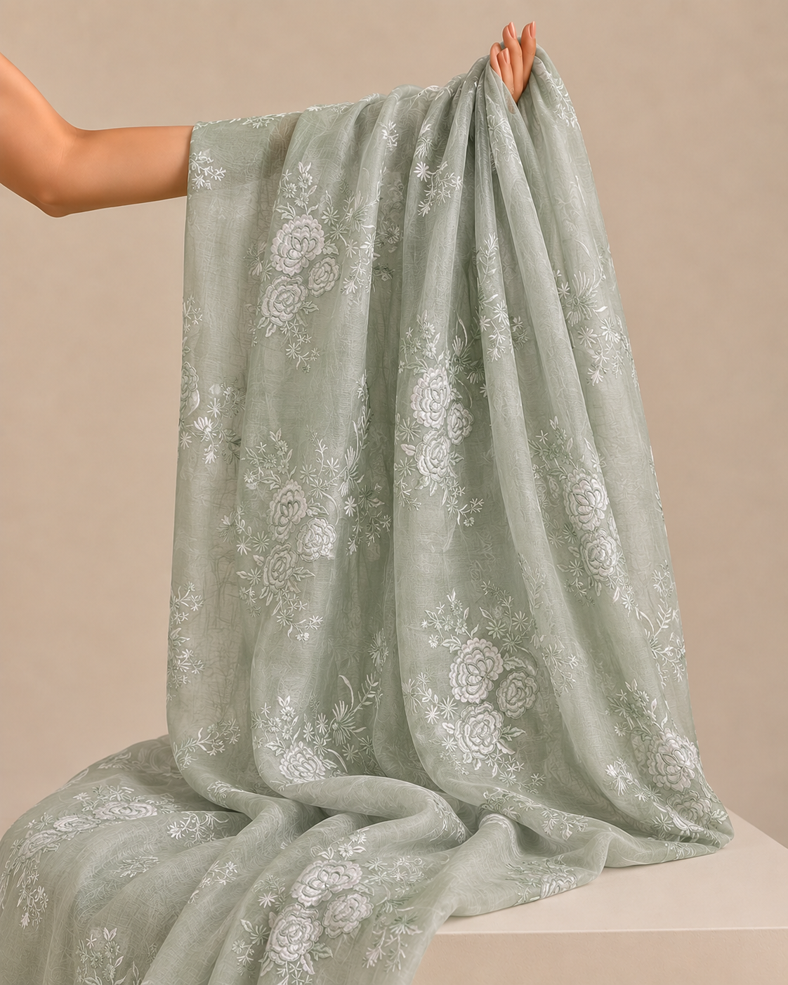 Sage Green Mul Fabric Floral Bouquet Embroidered Motif