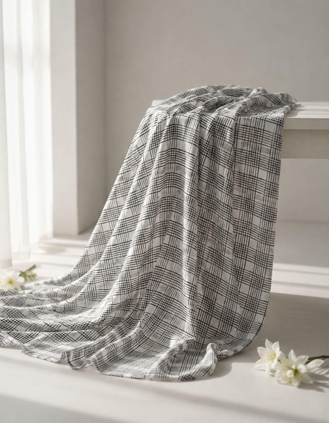White Chanderi Silk Fabric With Hand Block Print