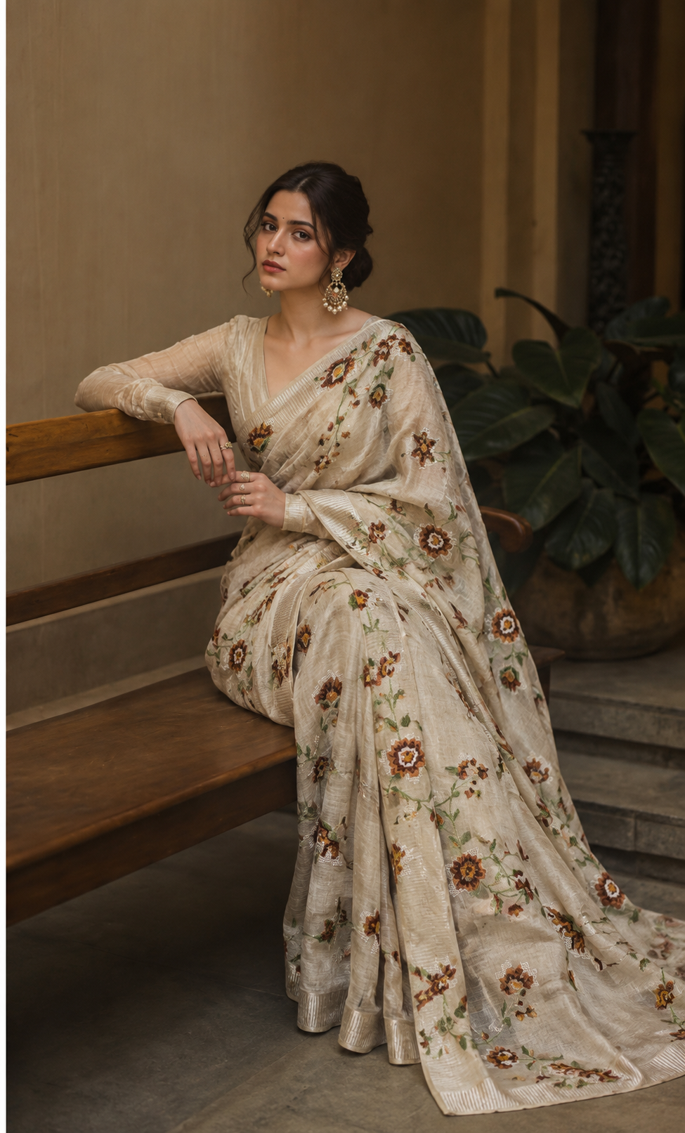 Ivory-Beige Pure Tussar Natural Floral Embroidered Fabric