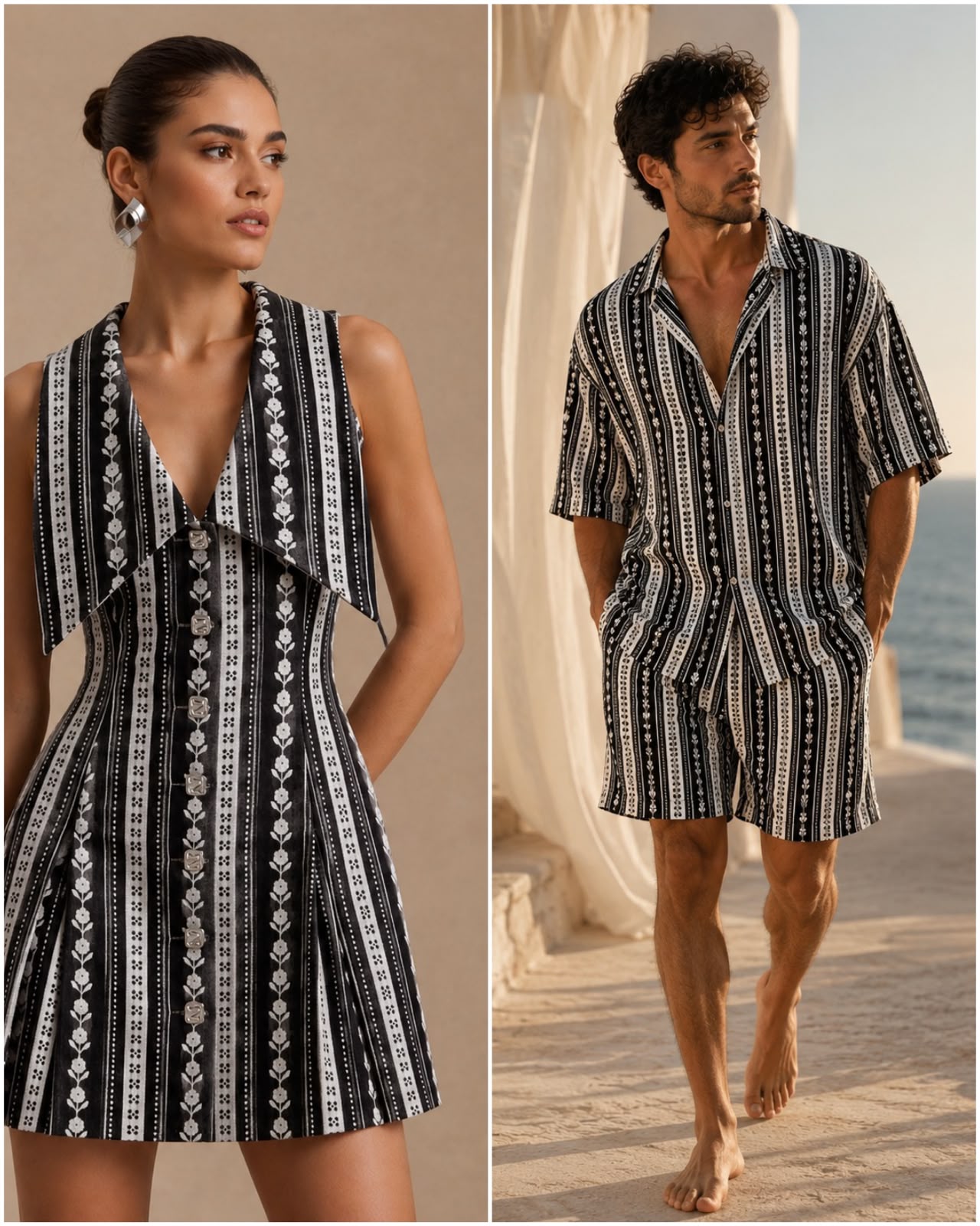 Black Linen Printed Fabric with Floral Stripe Motifs