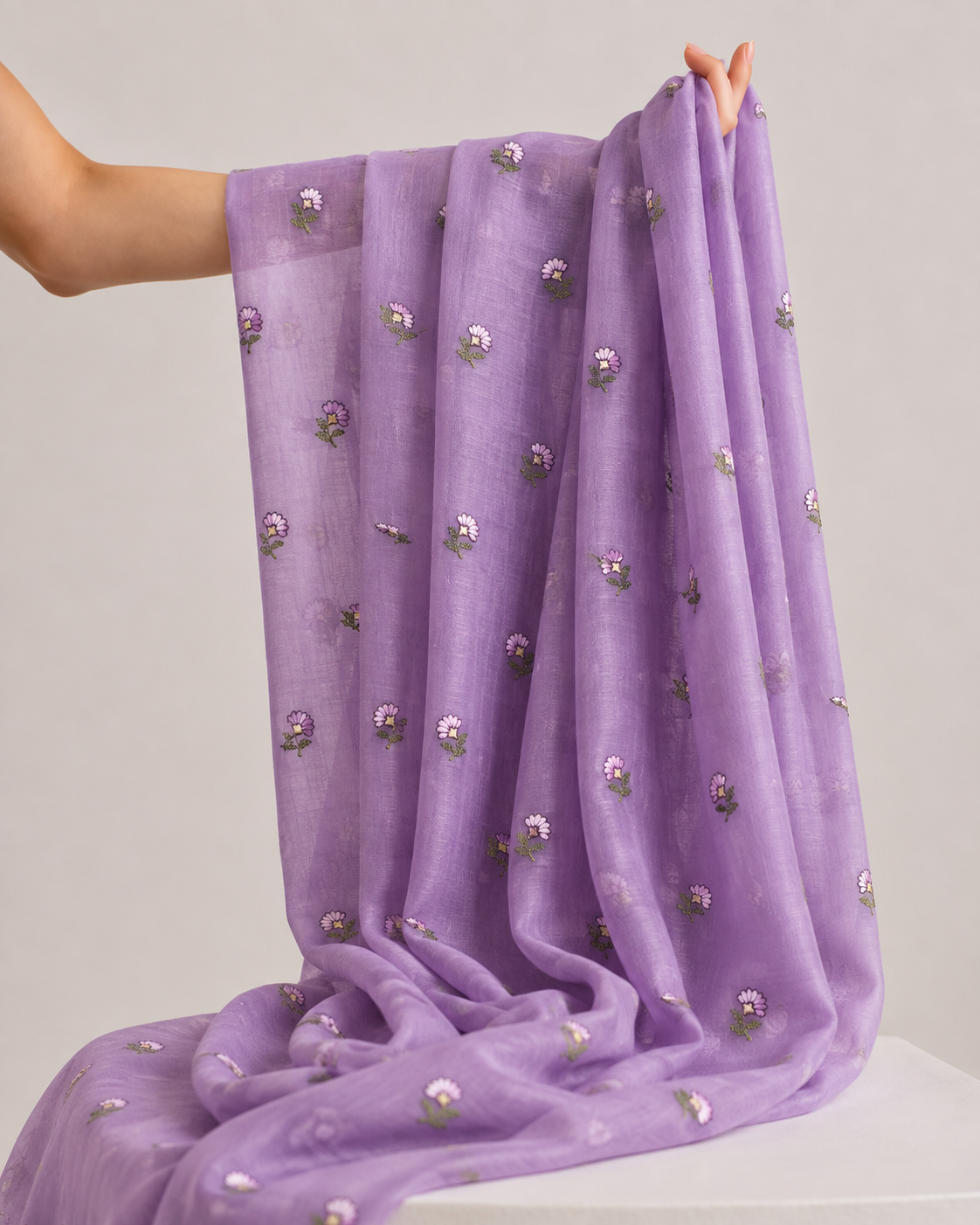 Purple Mul Fabric with Floral Embroidery
