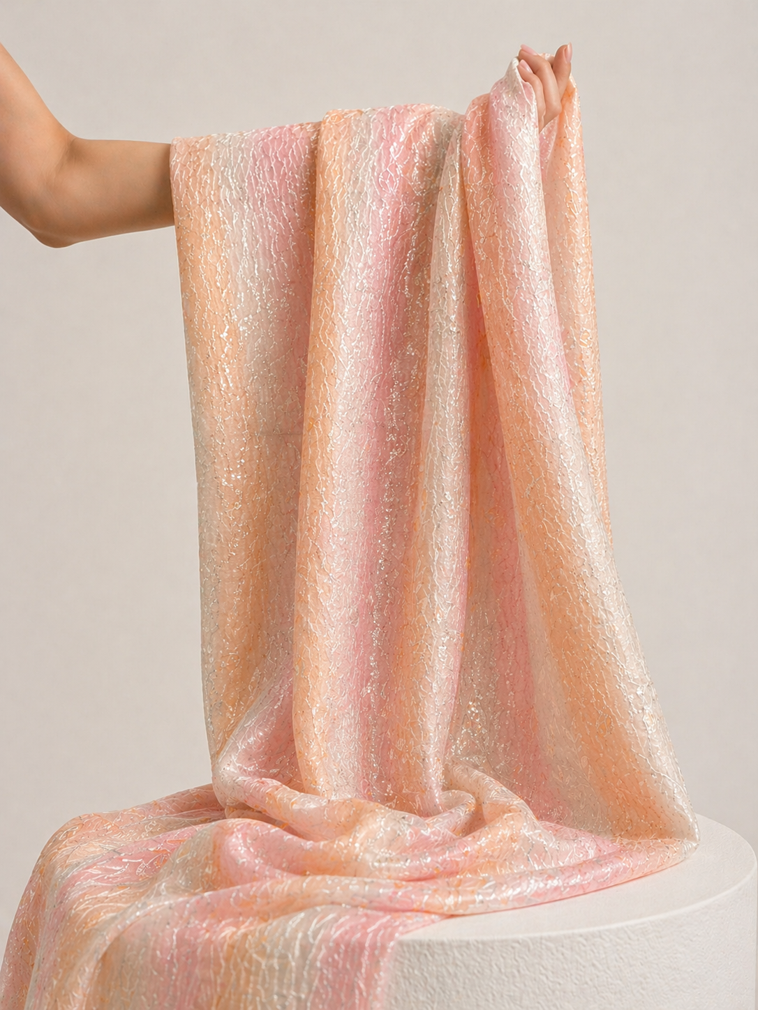 Peach Pink Rangkaat Dye Pure Mul Cotton Fabric With Sequin Embroidery