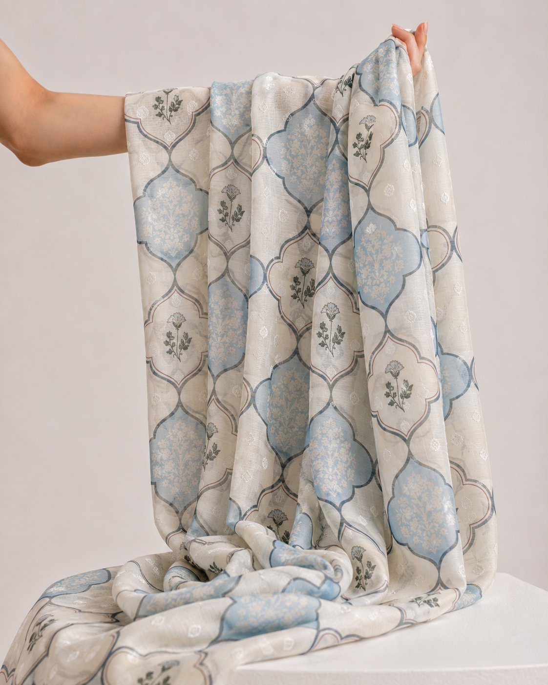 Pastel Blue Geometric Mul Weaving Silk Fabric