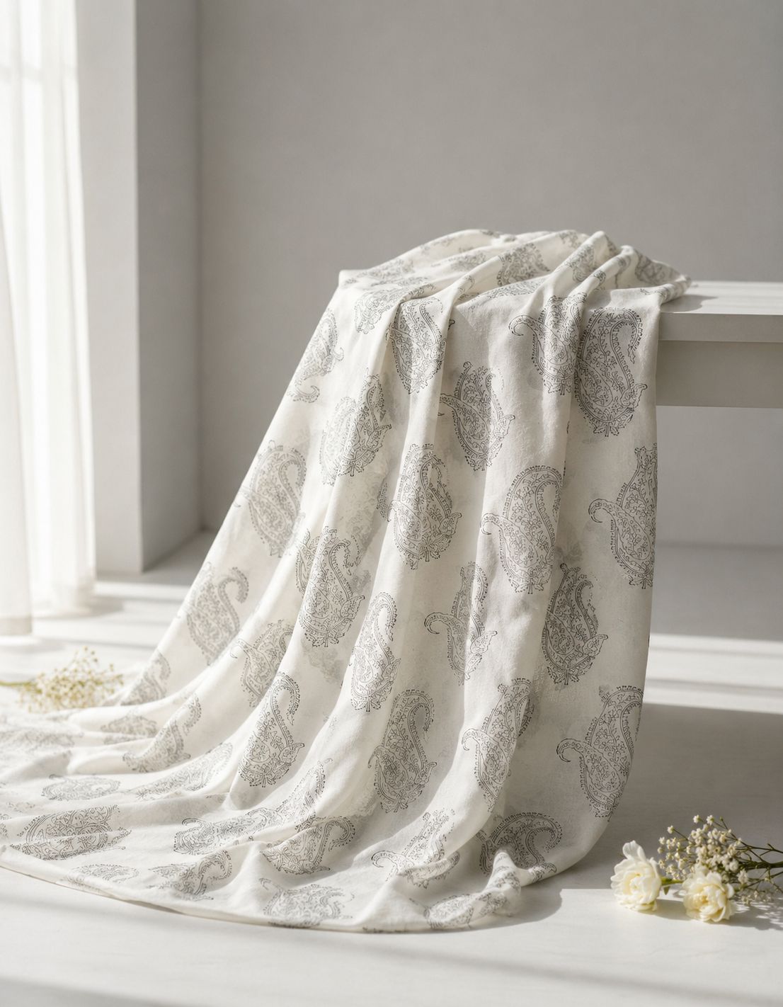 White Chanderi Silk Fabric With Hand Block Print