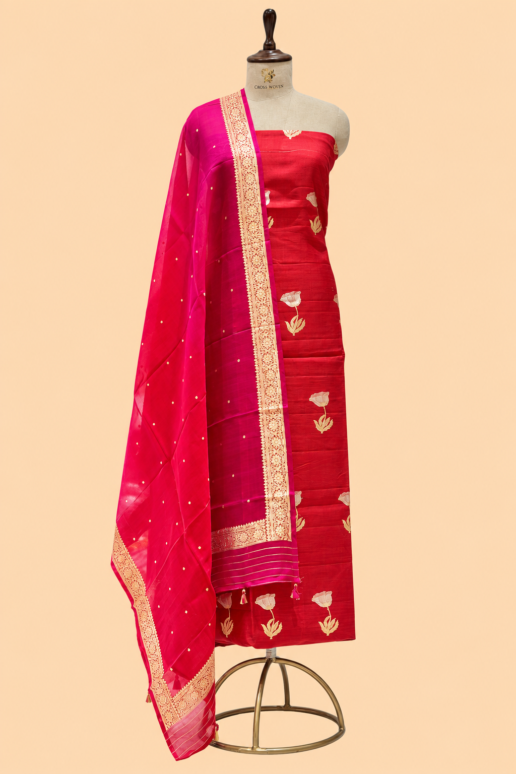 Red Pure Chiniya Silk Suit Set with ombré Dye Dupatta