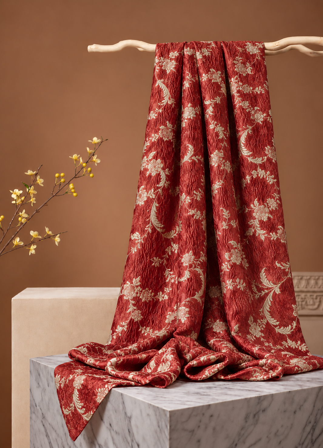 Rust Orange Floral Crush Tissue Silk Fabric