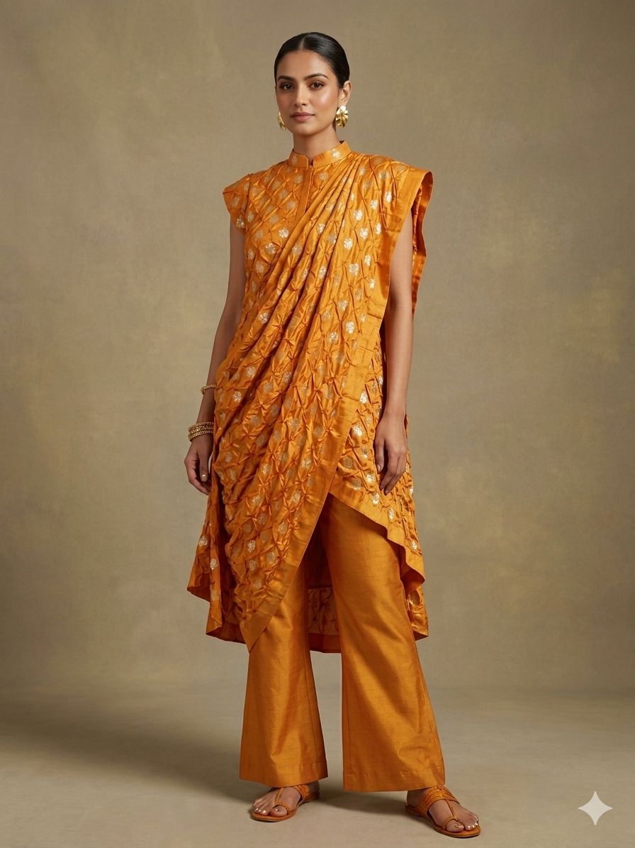 Mustard Yellow Chiniya Silk Fabric With Bandhani