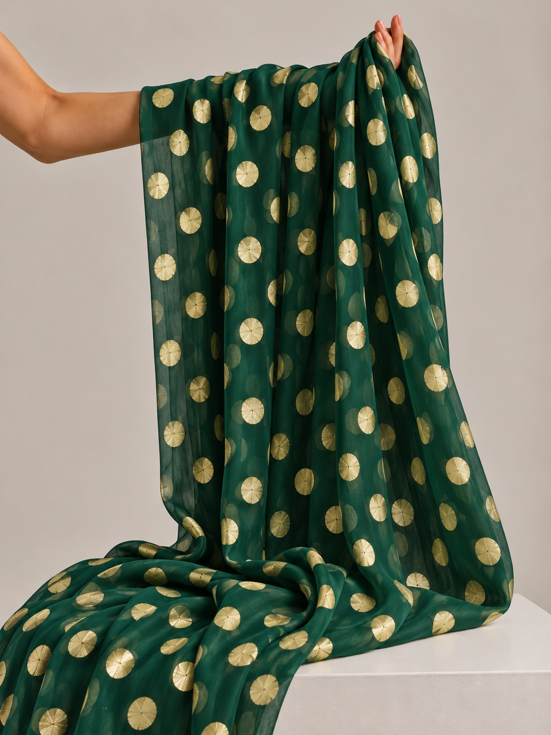 Bottle Green Pure Georgette Fabric with Polka Dots