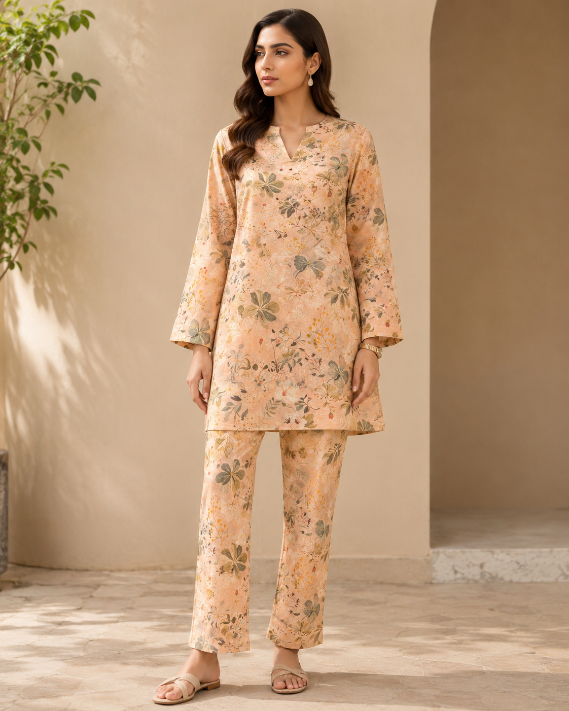Peach Mul Floral Prints Fabric