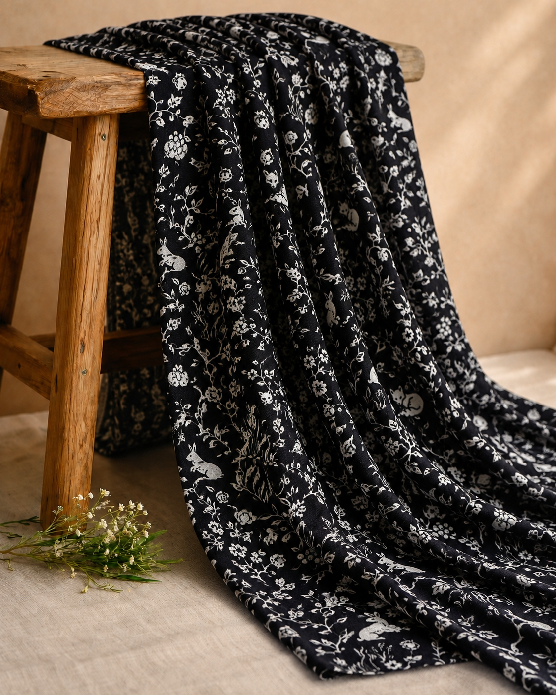 Black Linen Fabric with Floral Vines and Woodland Motifs