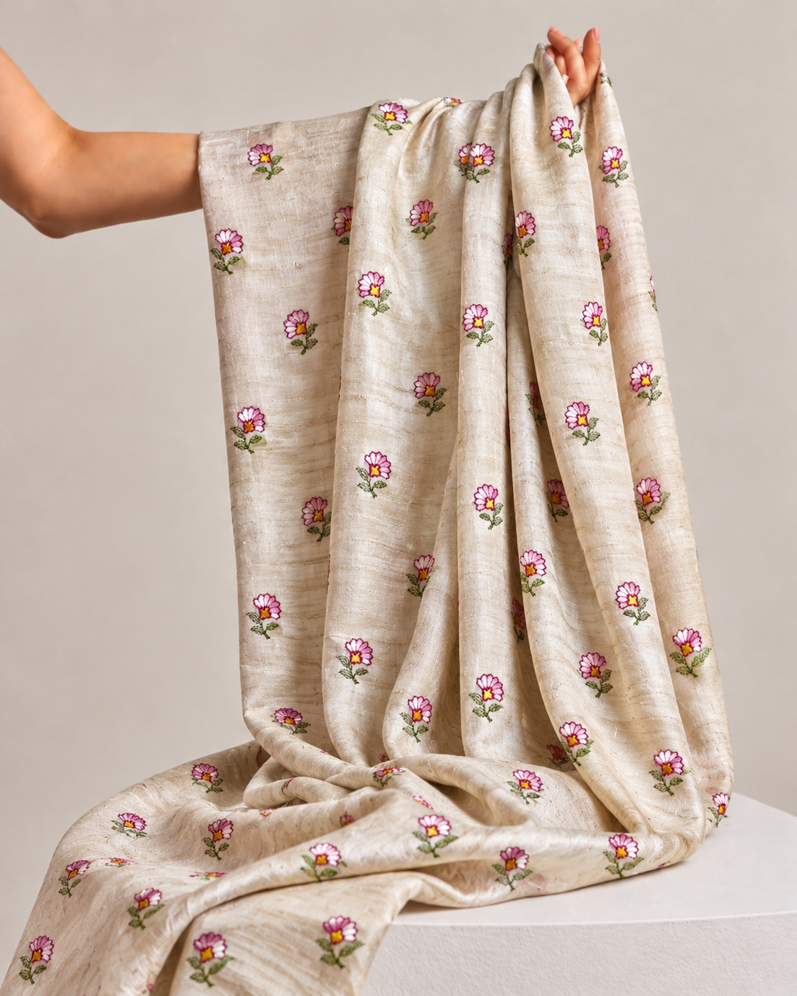 Ivory-Beige Pure Tussar Natural Floral Embroidered Fabric