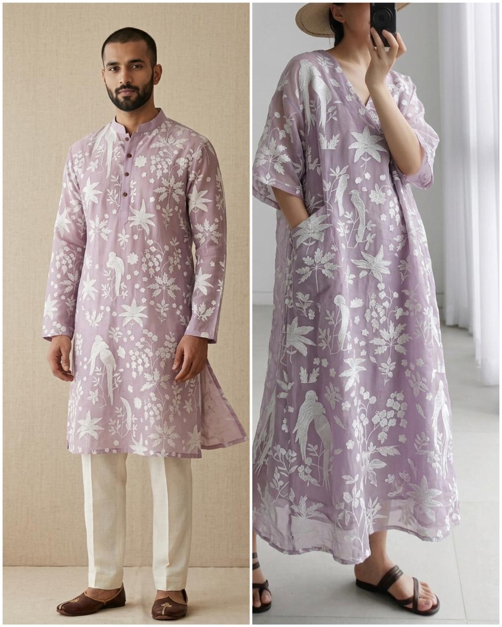 Mauve Mul Fabric with Parsi Gara Embroidered Pattern
