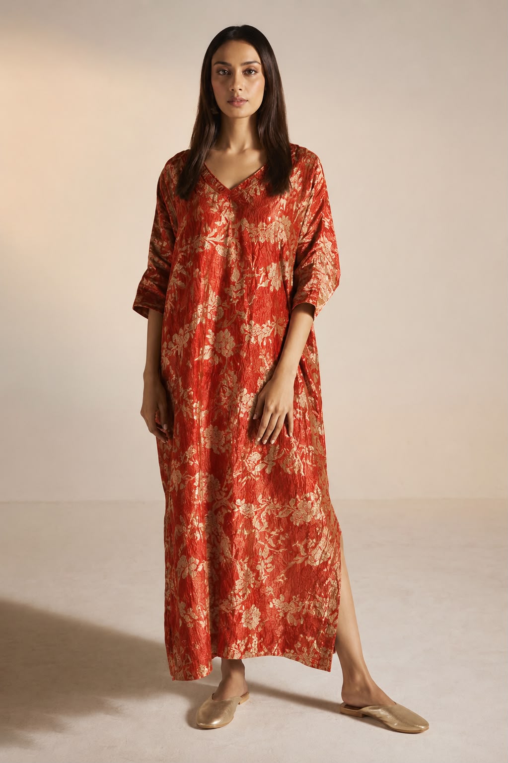 Rust Orange Floral Crush Tissue Silk Fabric