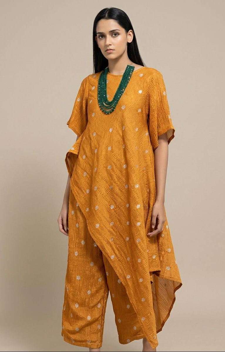 Mustard Gold Crushed Tissue Fabric with Gold Zari Floral Motifs