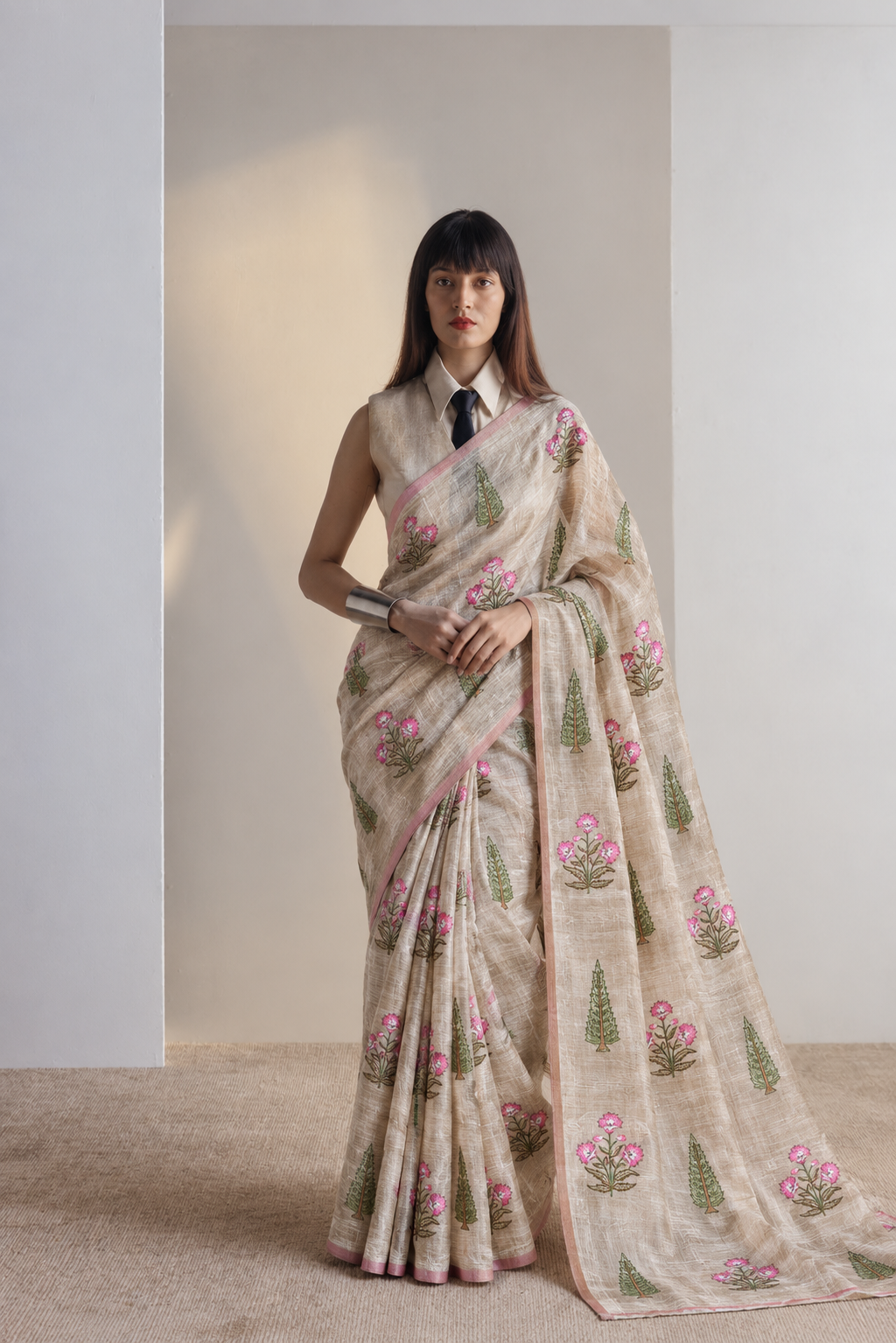 Ivory-Beige Pure Tussar Natural Floral Embroidered Fabric