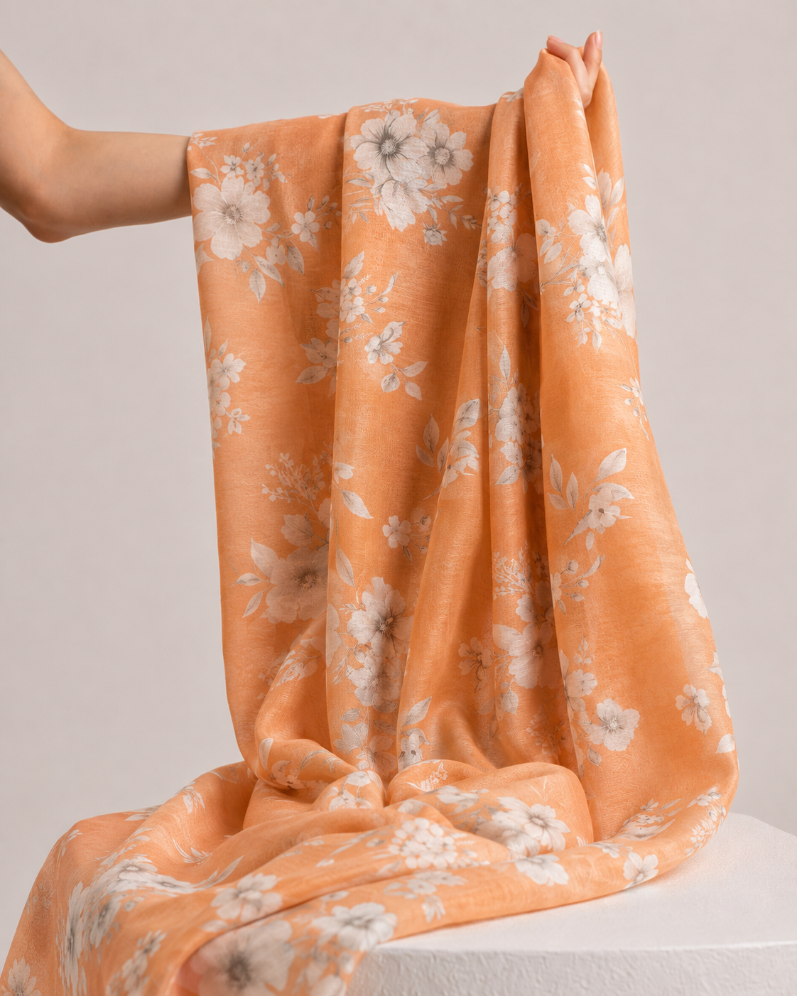 Coral Orange Printed Mul Fabric