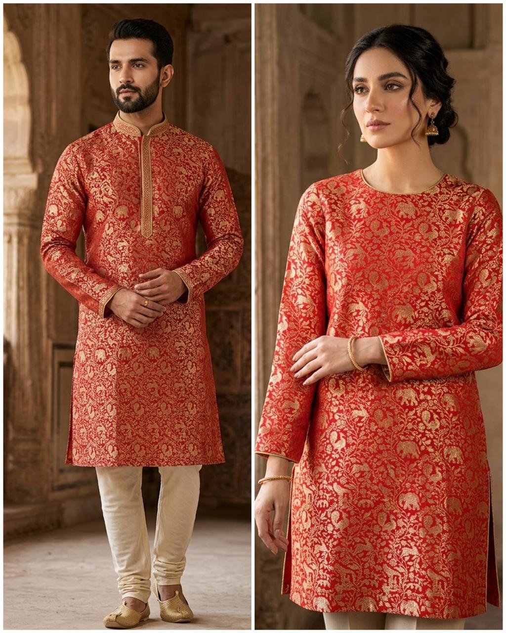 Red Shikargah Katan Silk Handloom Fabric