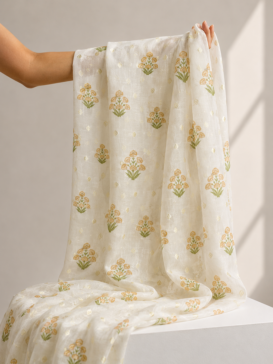 Ivory Mustard Floral Mul Weaving Fabric