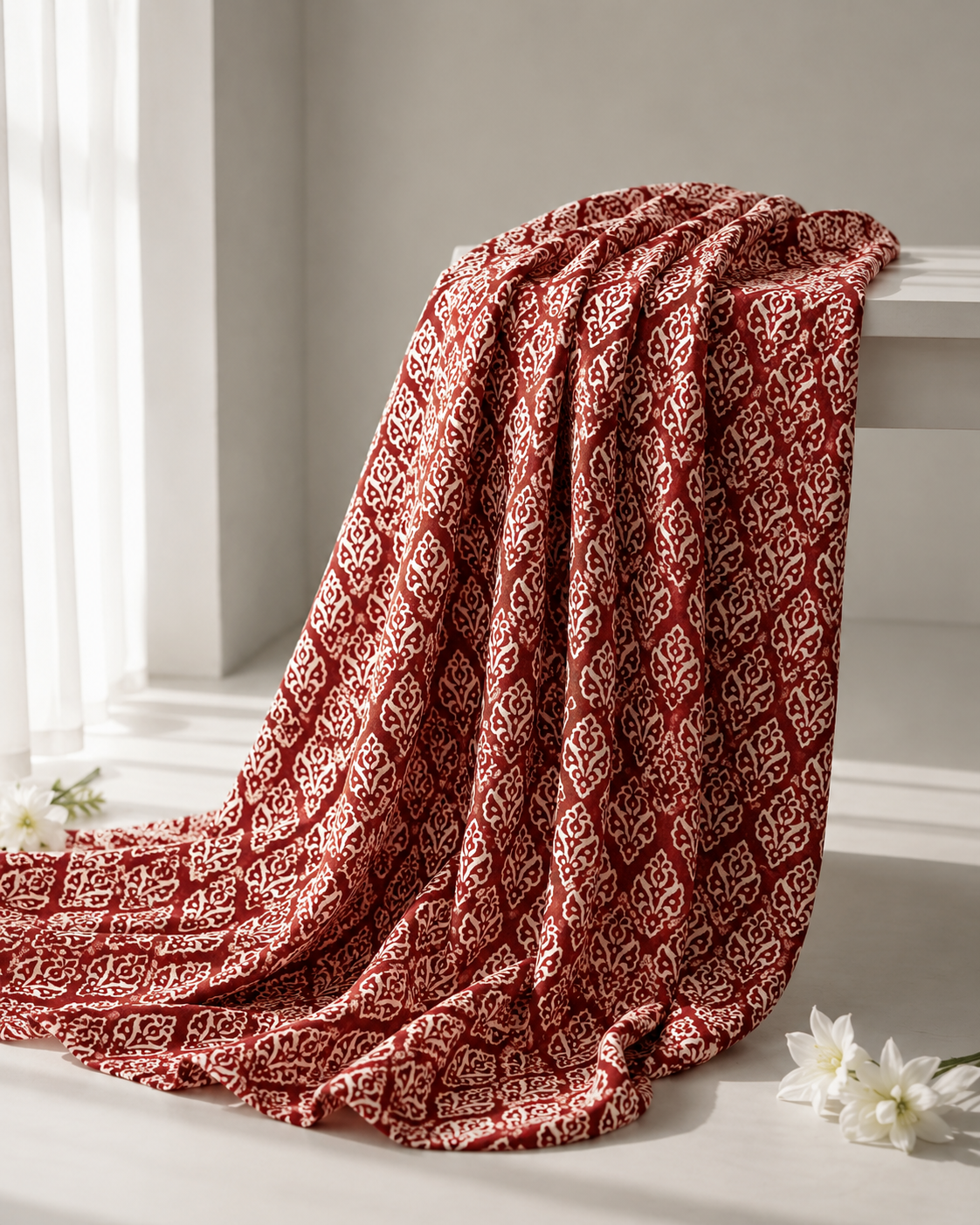Pure Chanderi Silk Fabric With Red Hand Block Prints