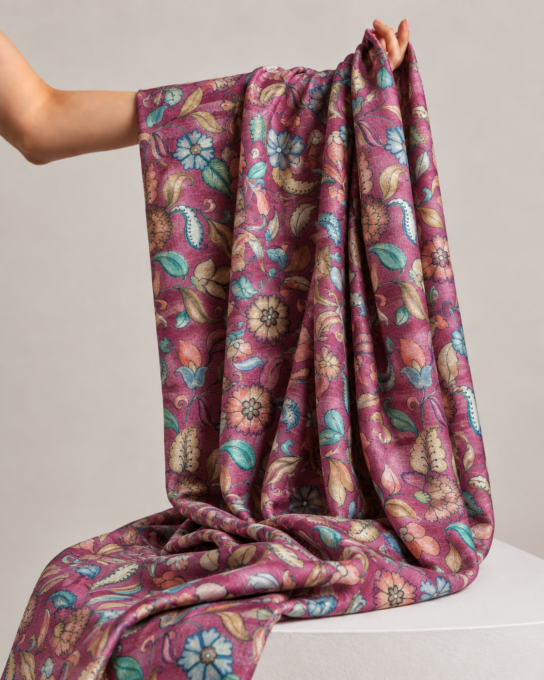 Magenta Tussar Kalamkari Printed Fabric
