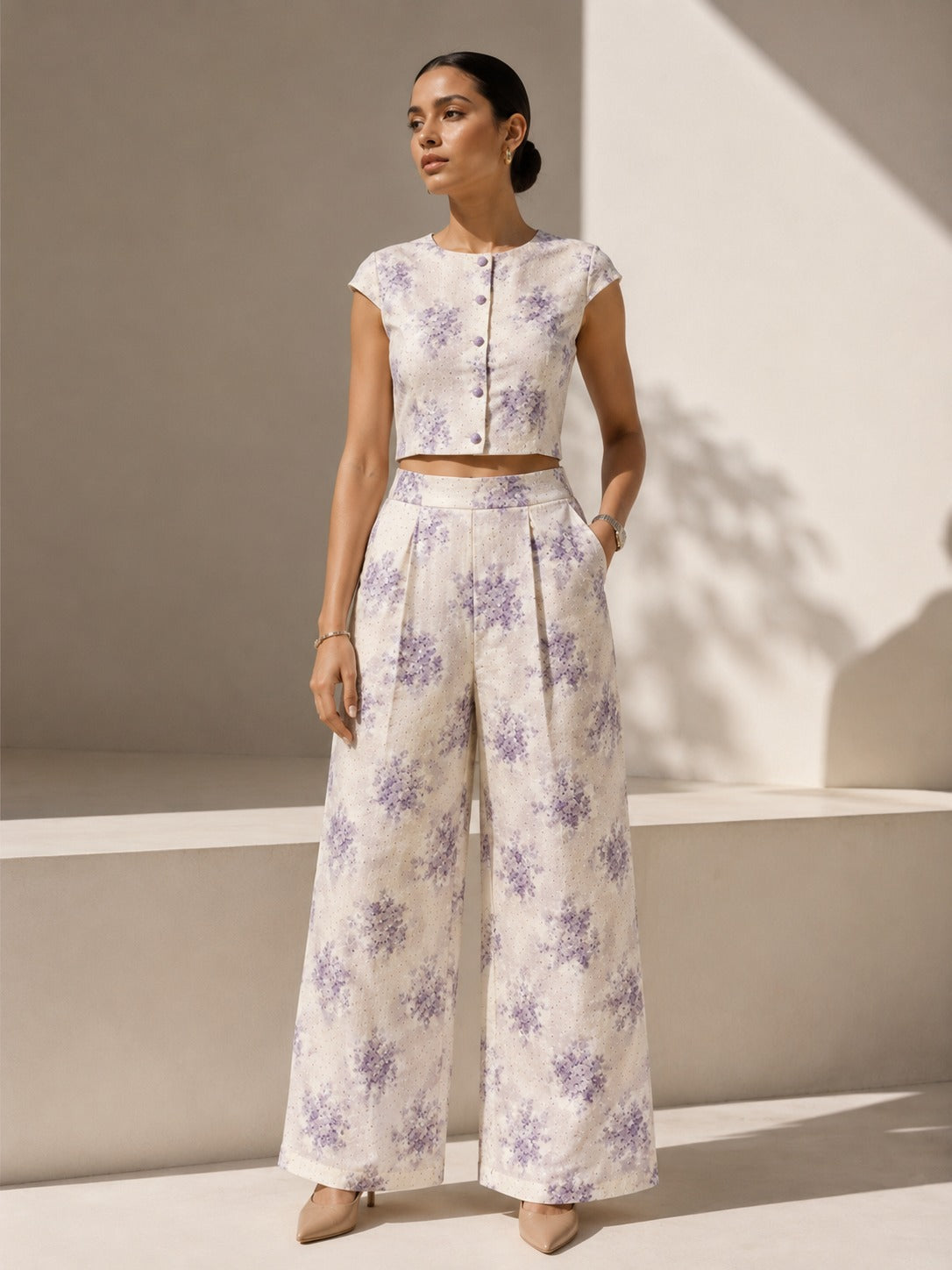 Ivory & Lavender Floral Mul Weaving Fabric