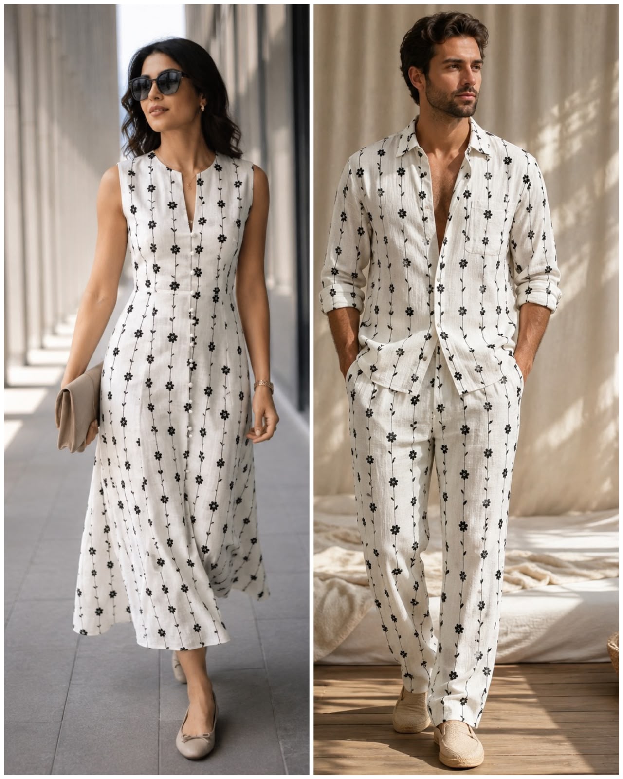 White Linen Printed Fabric with Delicate Floral Vine Stripes