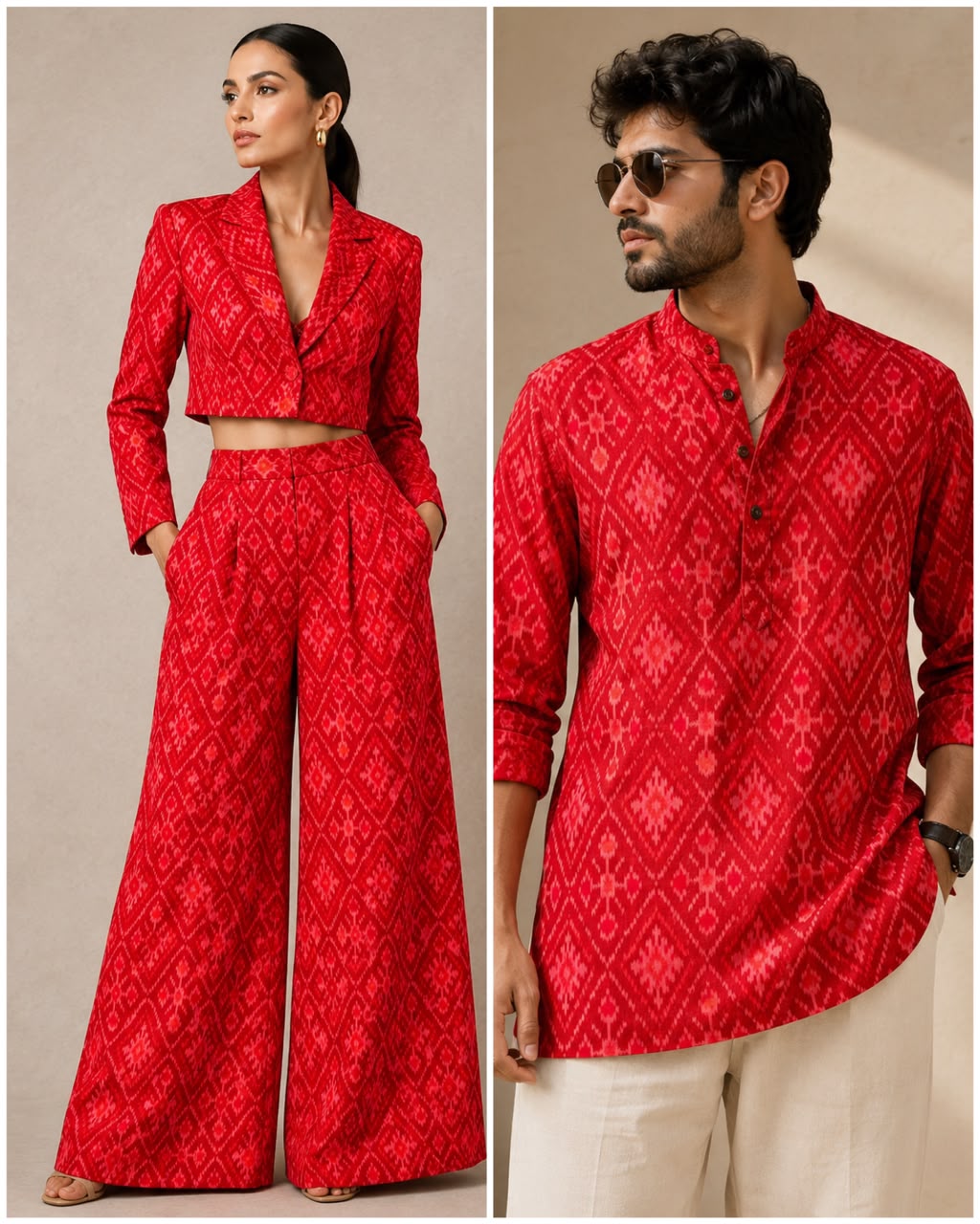 Bright Red Pure Silk Ikat Fabric with Traditional Geometric & Diamond Motifs