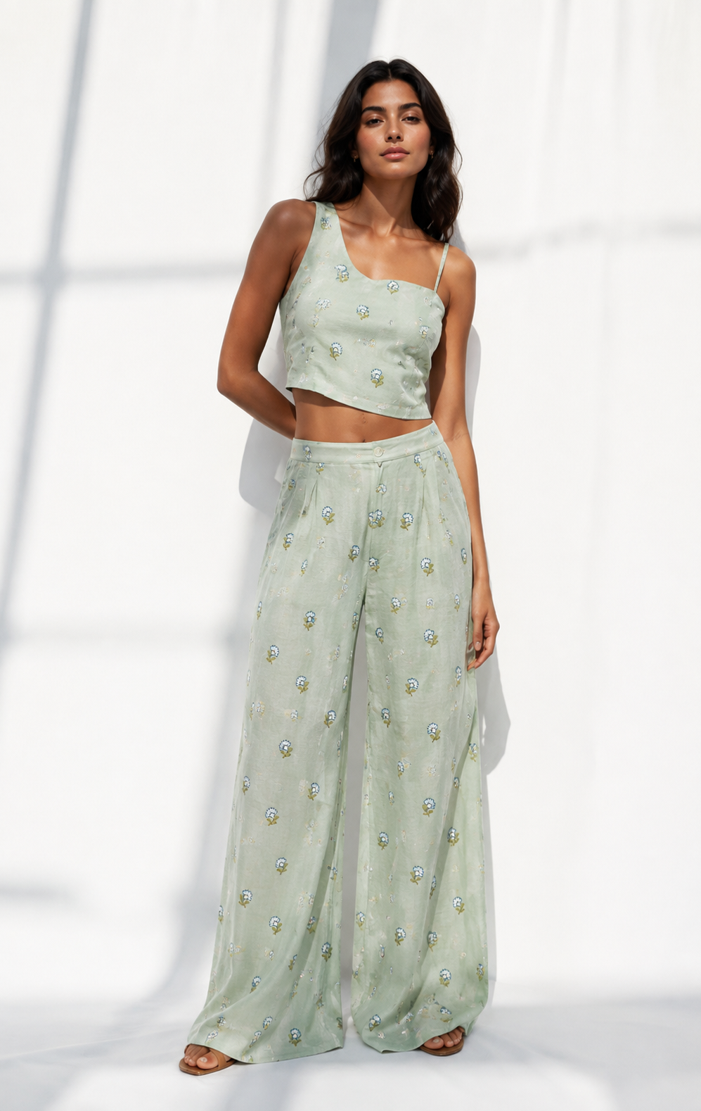 Sage-Mint Mul Fabric with Floral Embroidery