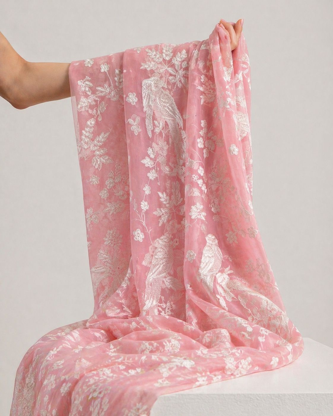 Blush Pink Mul Fabric with Parsi Gara Embroidered Pattern