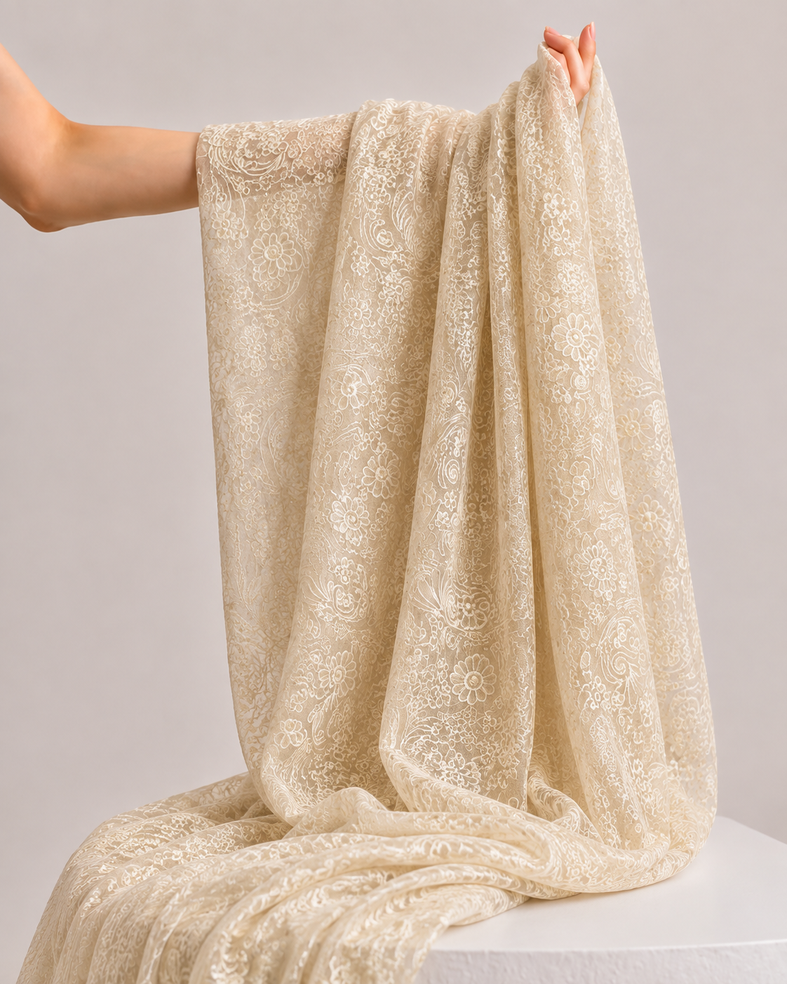 Champagne Beige Mul Embroidered Fabric