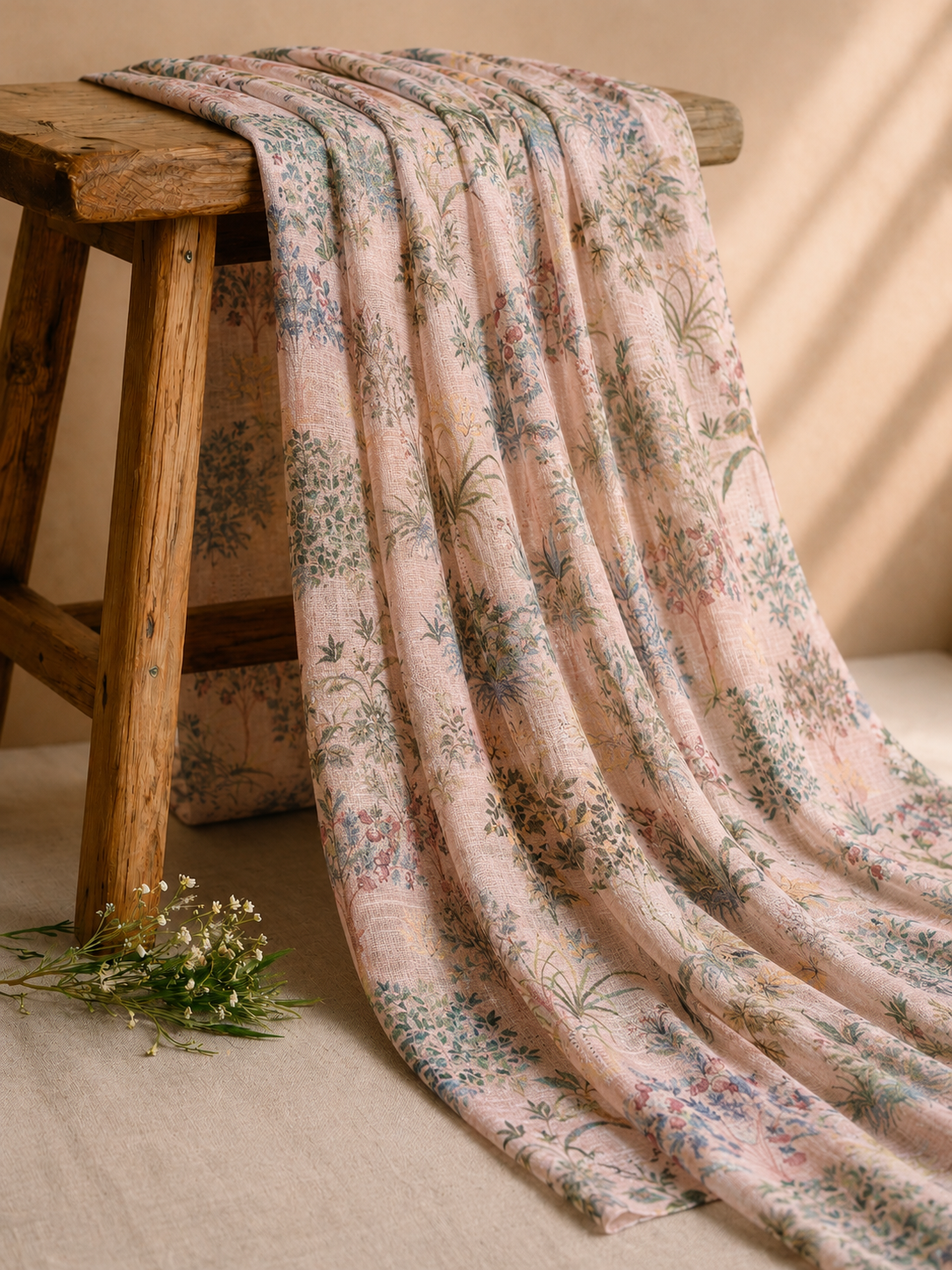 Peach Pink Linen Printed Fabric with Botanical Motifs