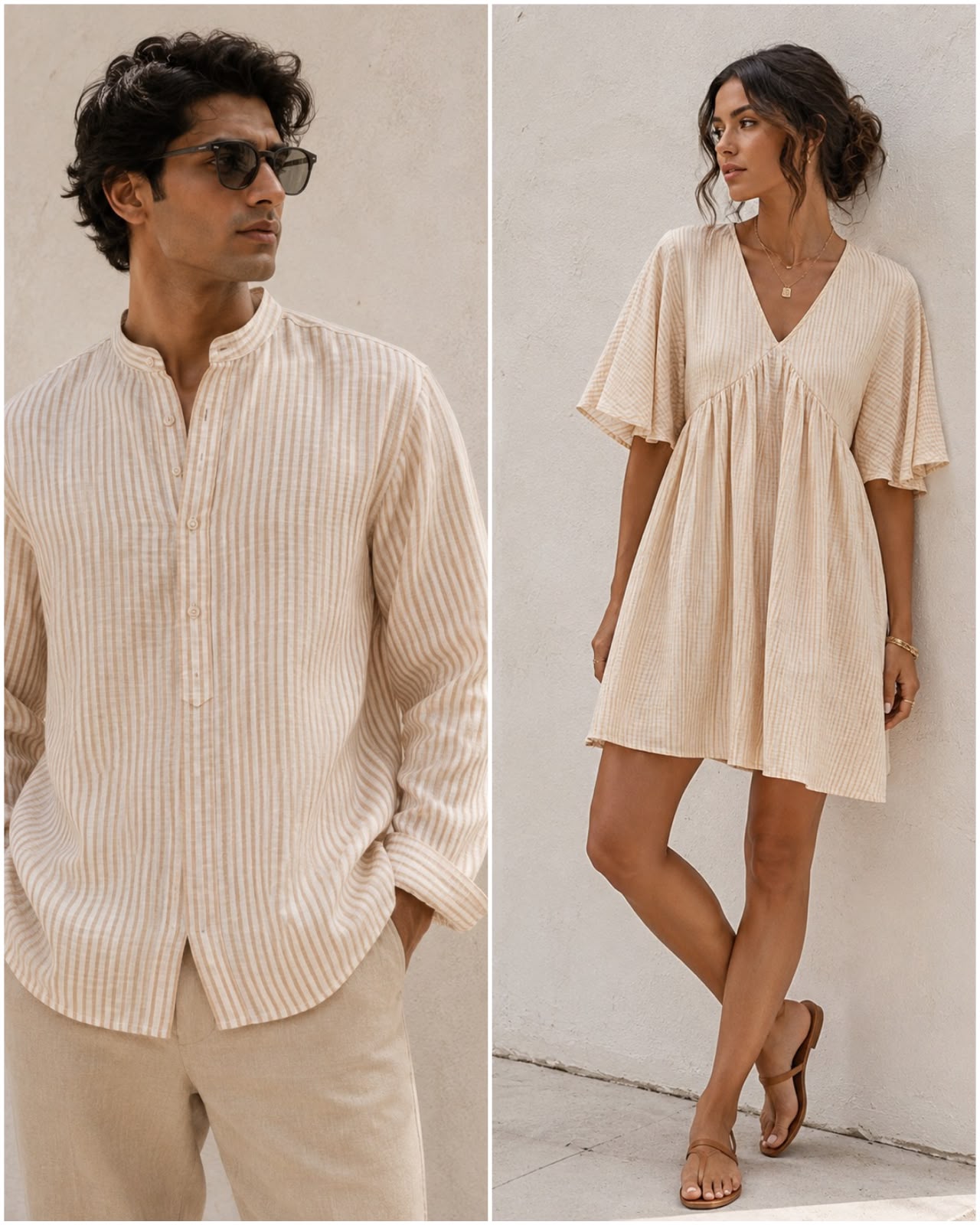 Almond Beige & Ivory Striped Linen Fabric