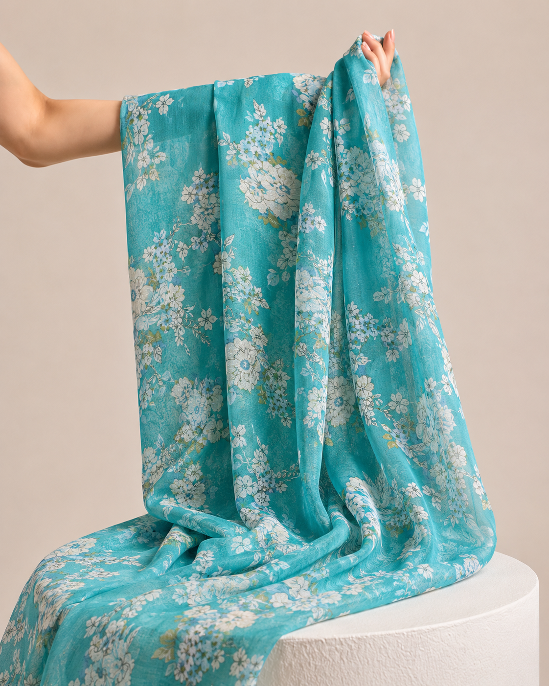 Turquoise Blue Mul Floral Prints Fabric