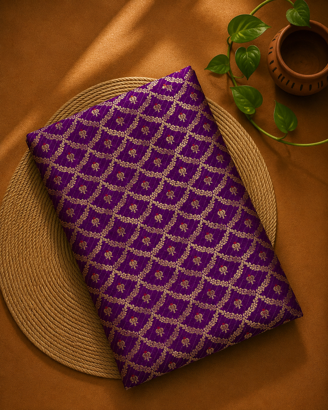 Purple Meenakari Brocade Katan Silk Handloom Fabric